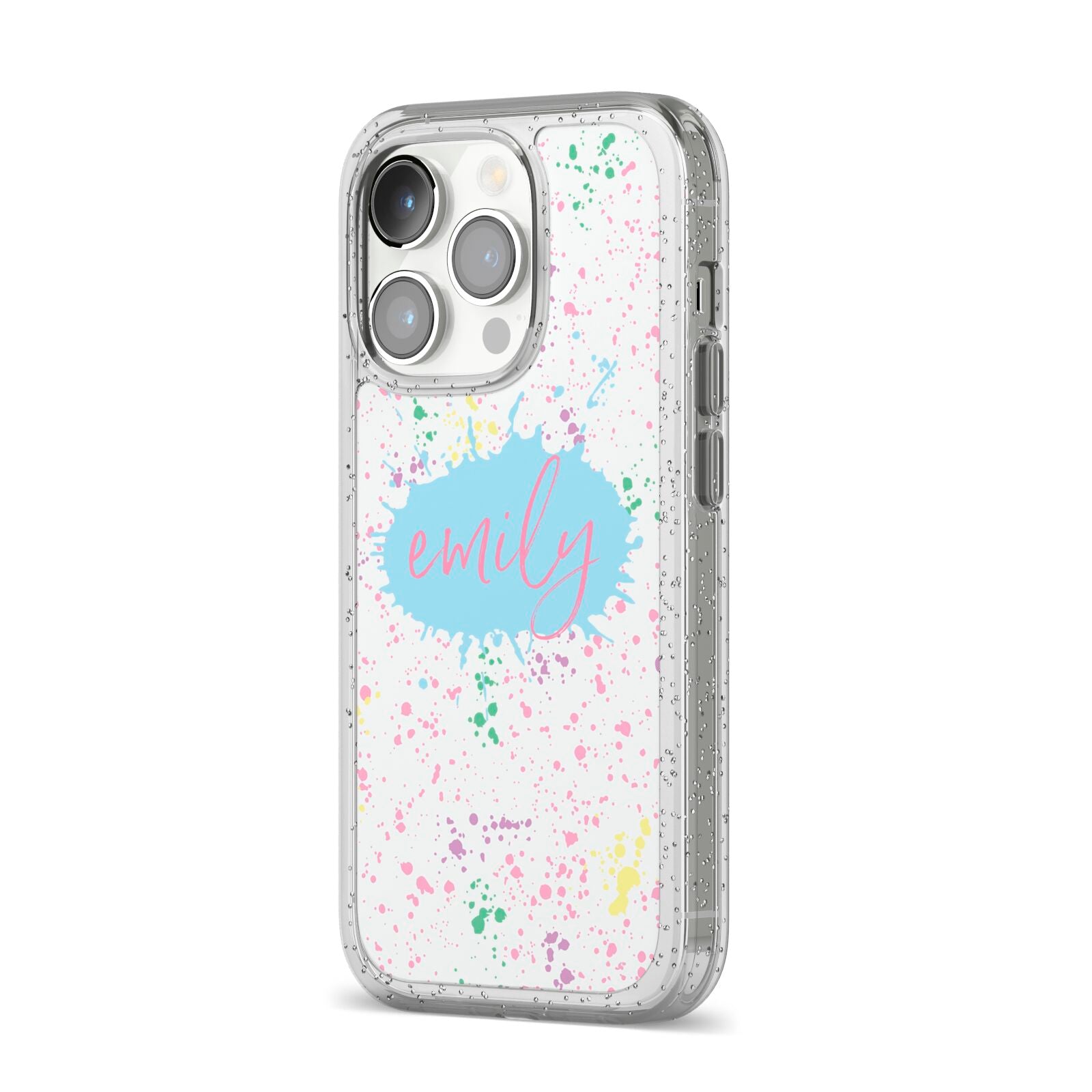 Personalised Ink Splatter Mulitcoloured iPhone 14 Pro Glitter Tough Case Silver Angled Image