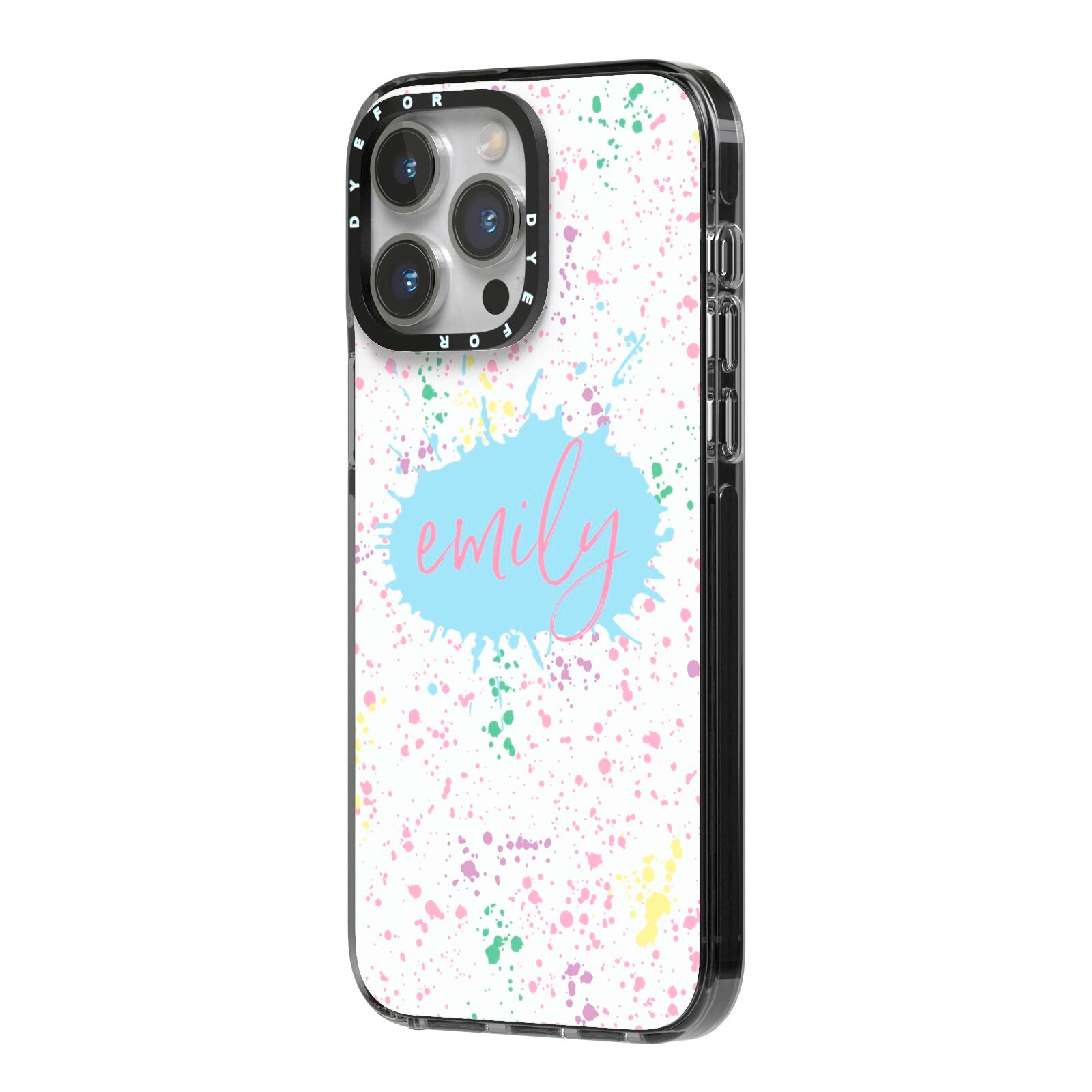 Personalised Ink Splatter Mulitcoloured iPhone 14 Pro Max Black Impact Case Side Angle on Silver phone