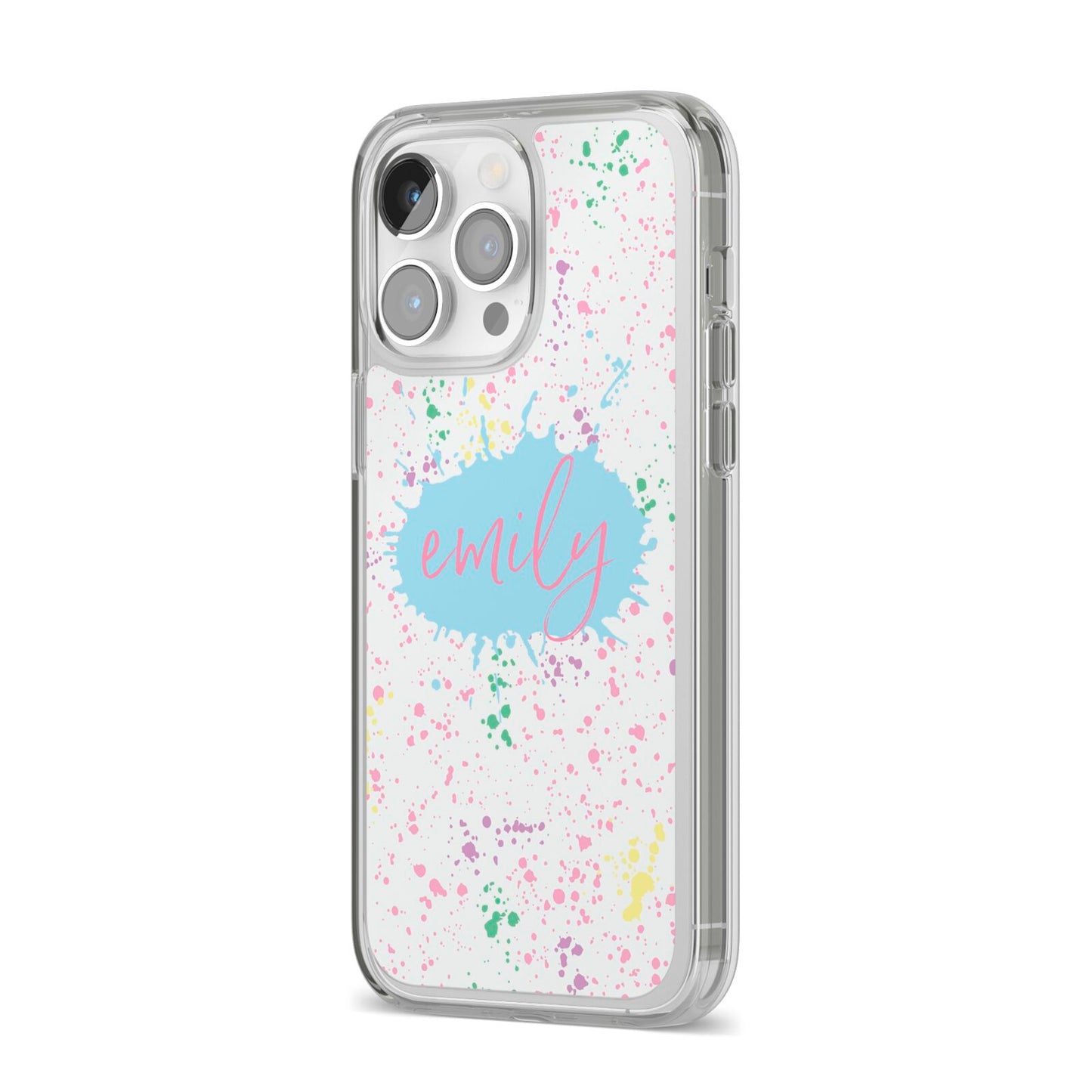 Personalised Ink Splatter Mulitcoloured iPhone 14 Pro Max Clear Tough Case Silver Angled Image