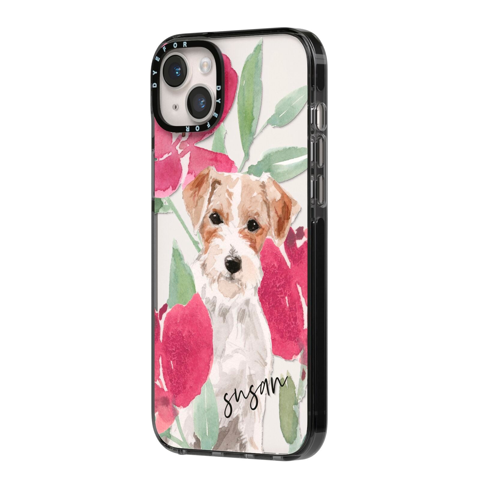 Personalised Jack Russel iPhone 14 Plus Black Impact Case Side Angle on Silver phone