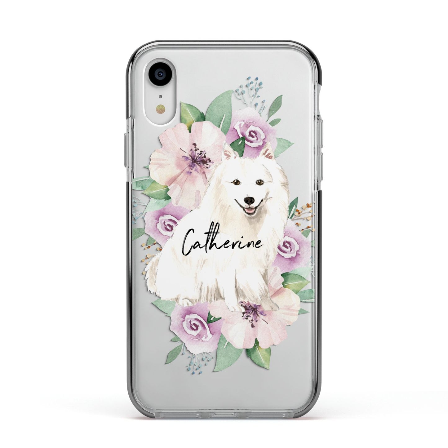 Personalised Japanese Spitz Apple iPhone XR Impact Case Black Edge on Silver Phone