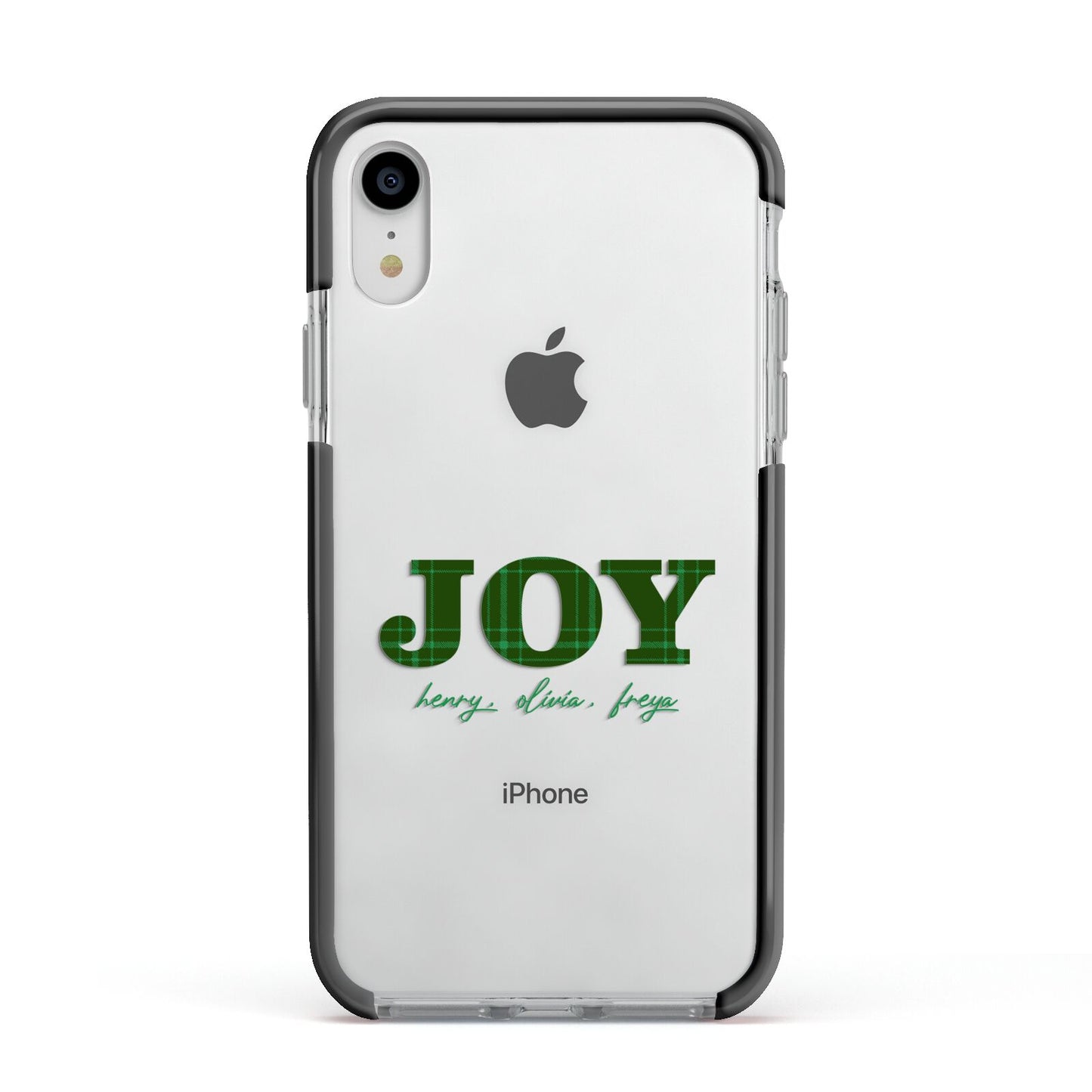 Personalised Joy Christmas Apple iPhone XR Impact Case Black Edge on Silver Phone