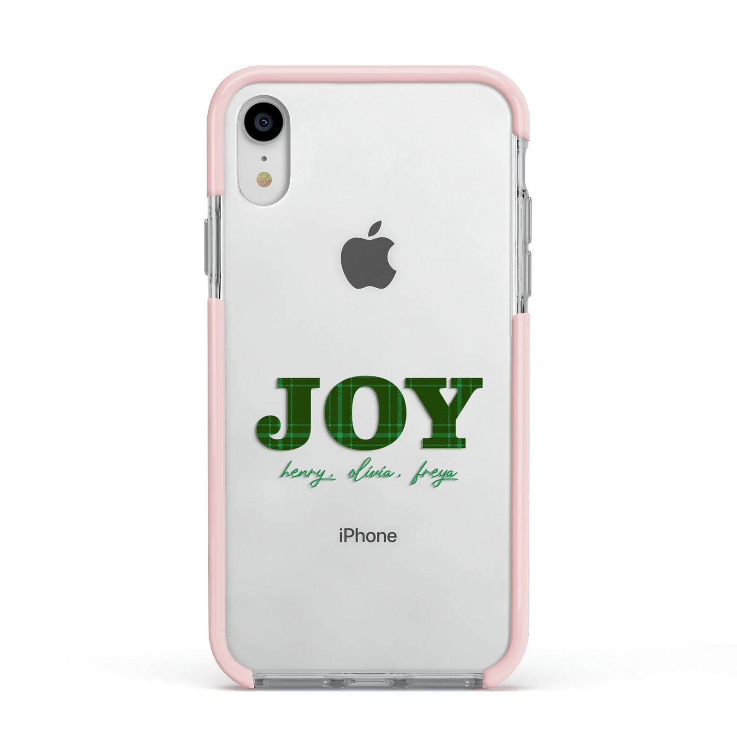 Personalised Joy Christmas Apple iPhone XR Impact Case Pink Edge on Silver Phone