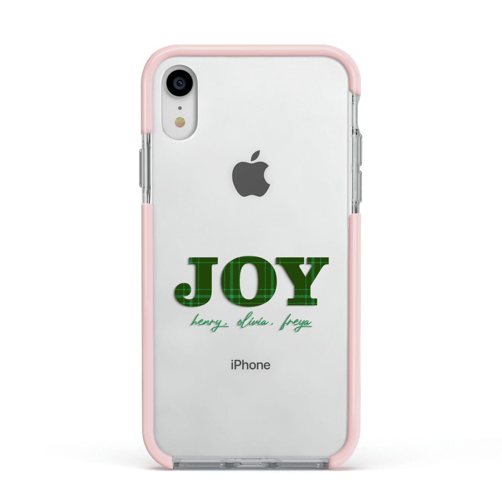 Personalised Joy Christmas Apple iPhone XR Impact Case Pink Edge on Silver Phone