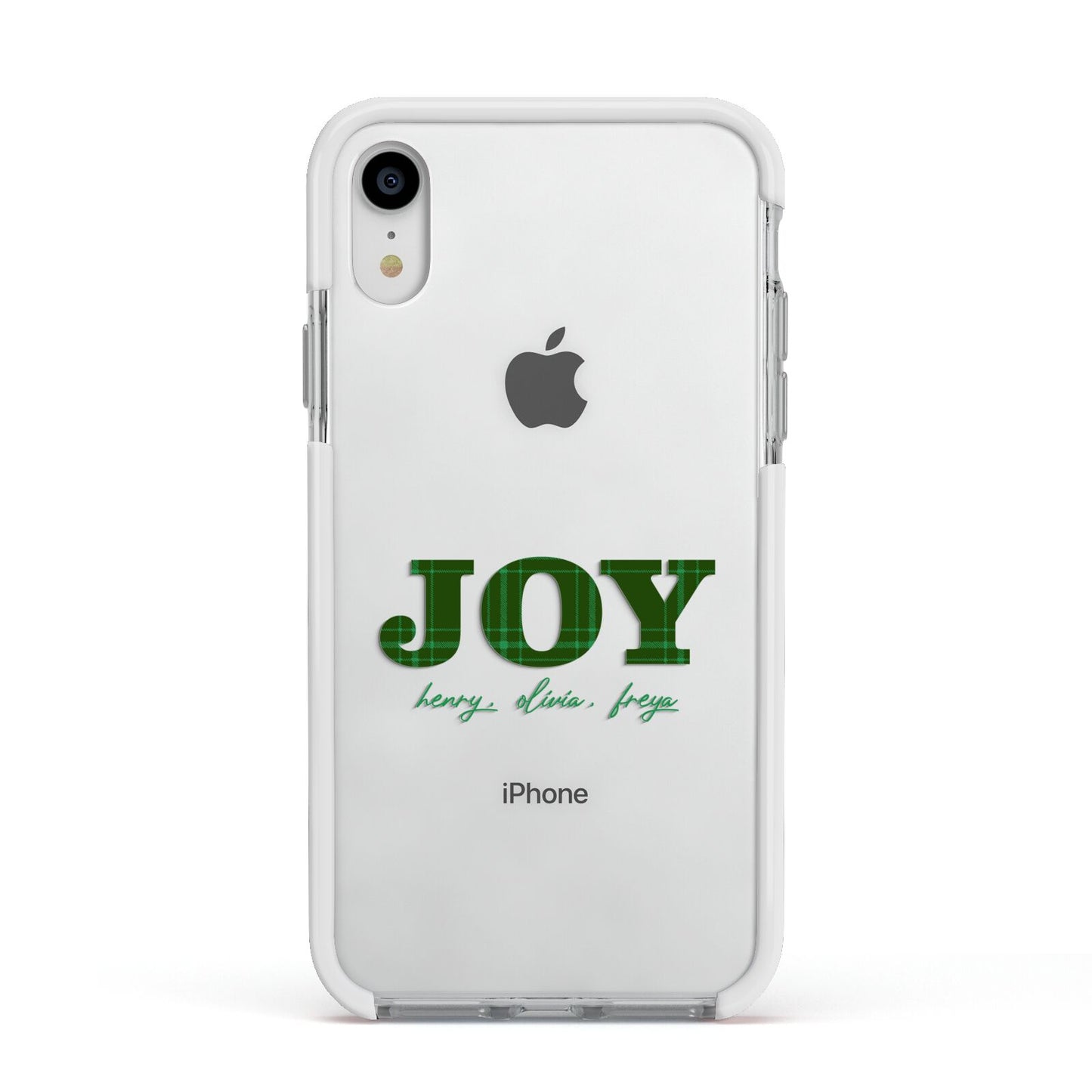 Personalised Joy Christmas Apple iPhone XR Impact Case White Edge on Silver Phone