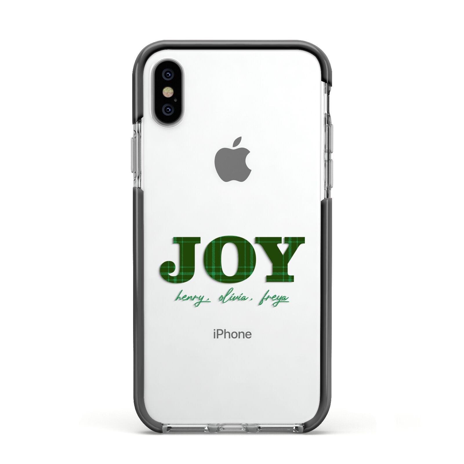 Personalised Joy Christmas Apple iPhone Xs Impact Case Black Edge on Silver Phone