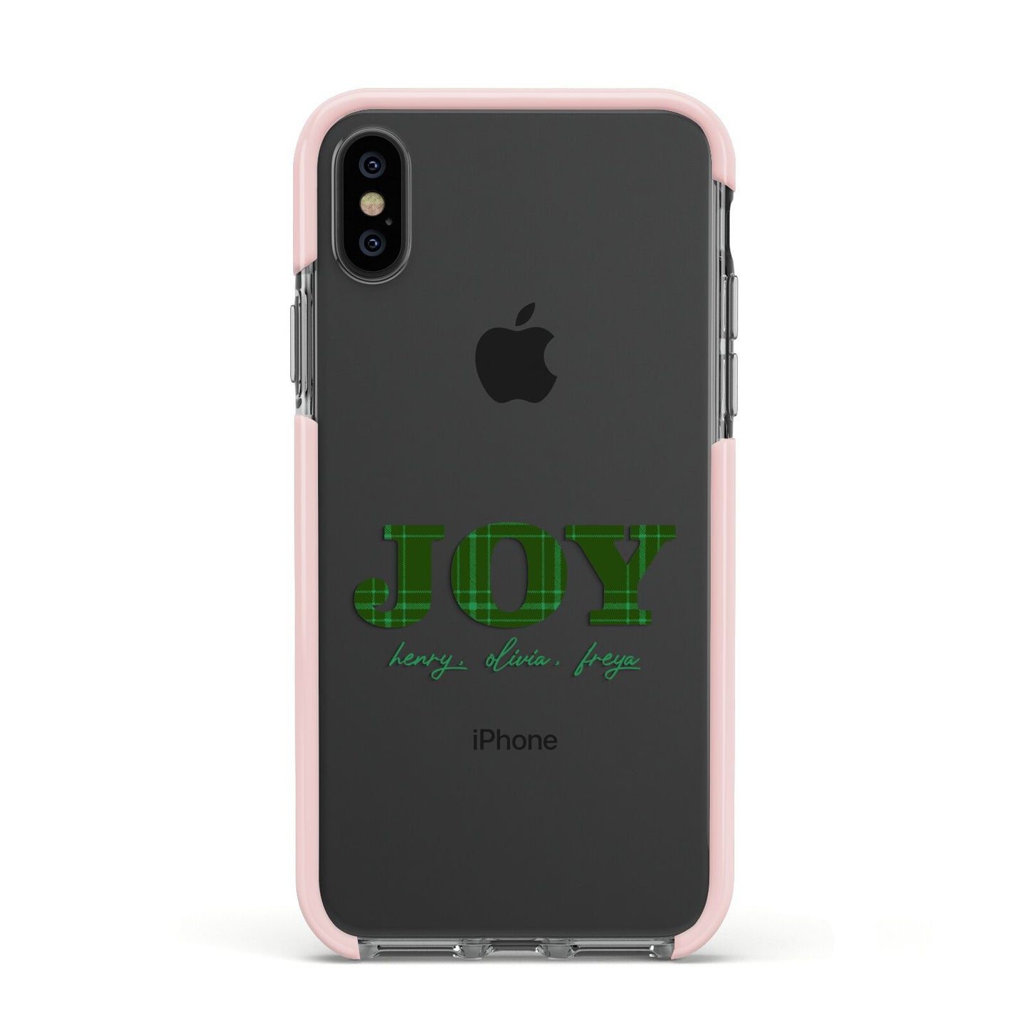 Personalised Joy Christmas Apple iPhone Xs Impact Case Pink Edge on Black Phone