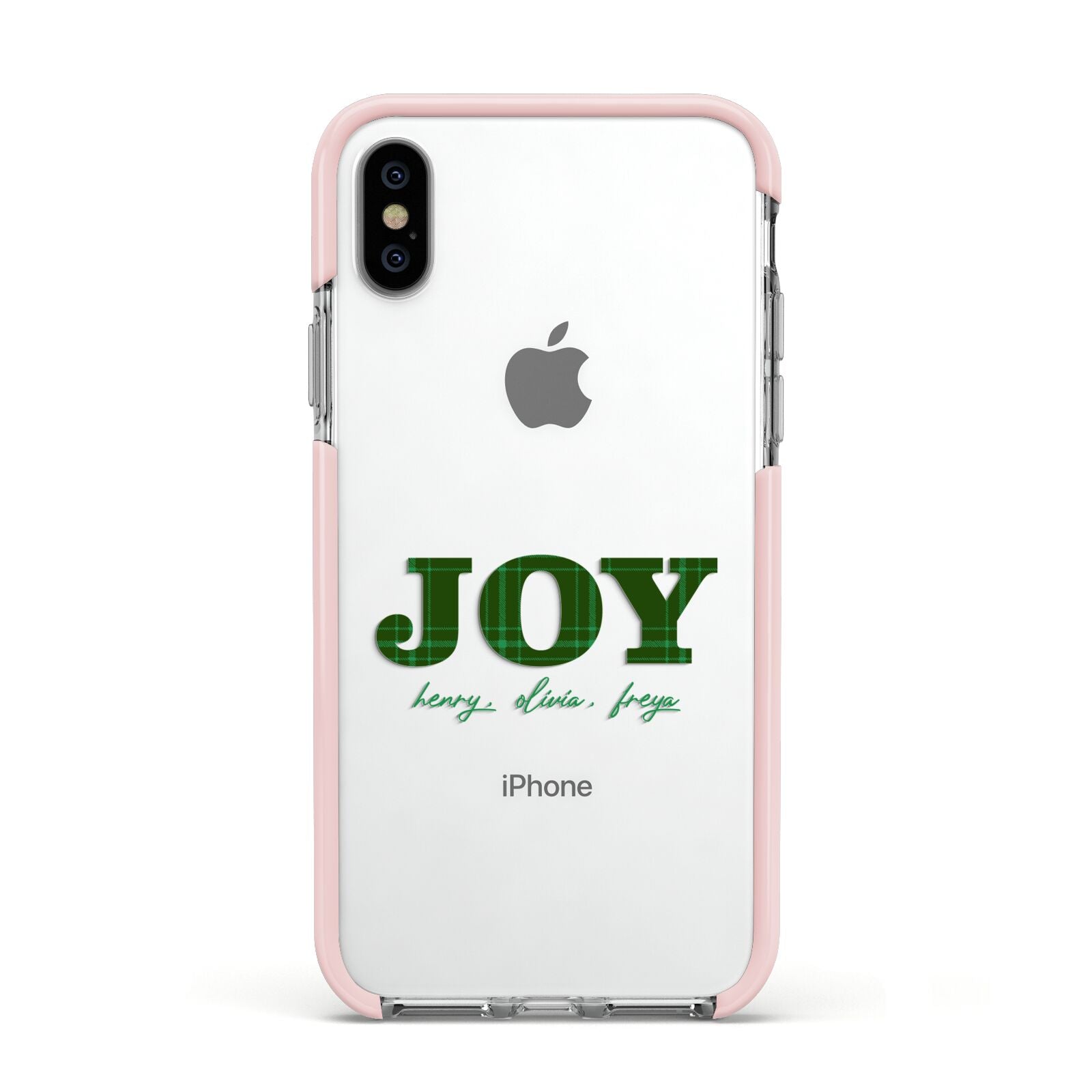 Personalised Joy Christmas Apple iPhone Xs Impact Case Pink Edge on Silver Phone