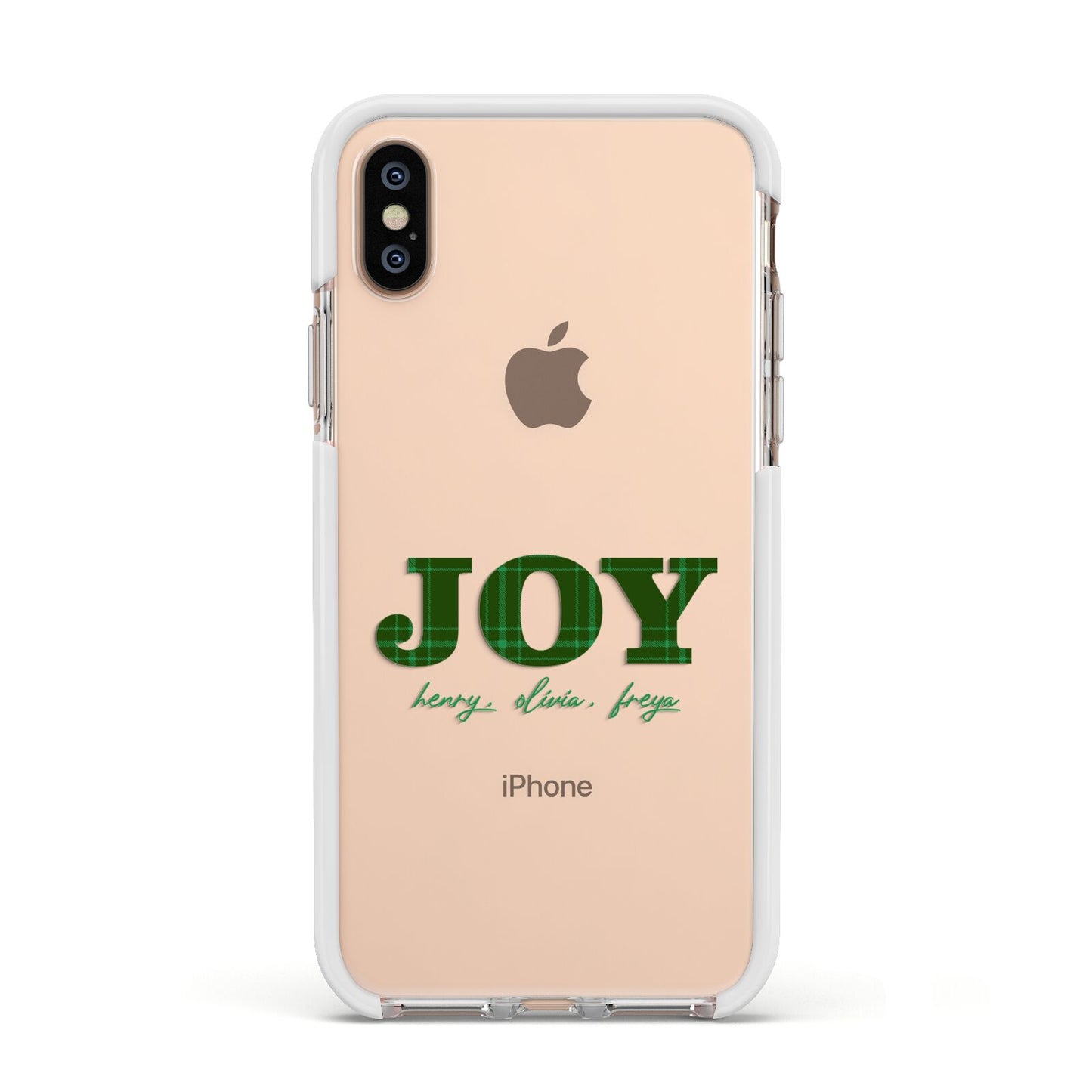 Personalised Joy Christmas Apple iPhone Xs Impact Case White Edge on Gold Phone