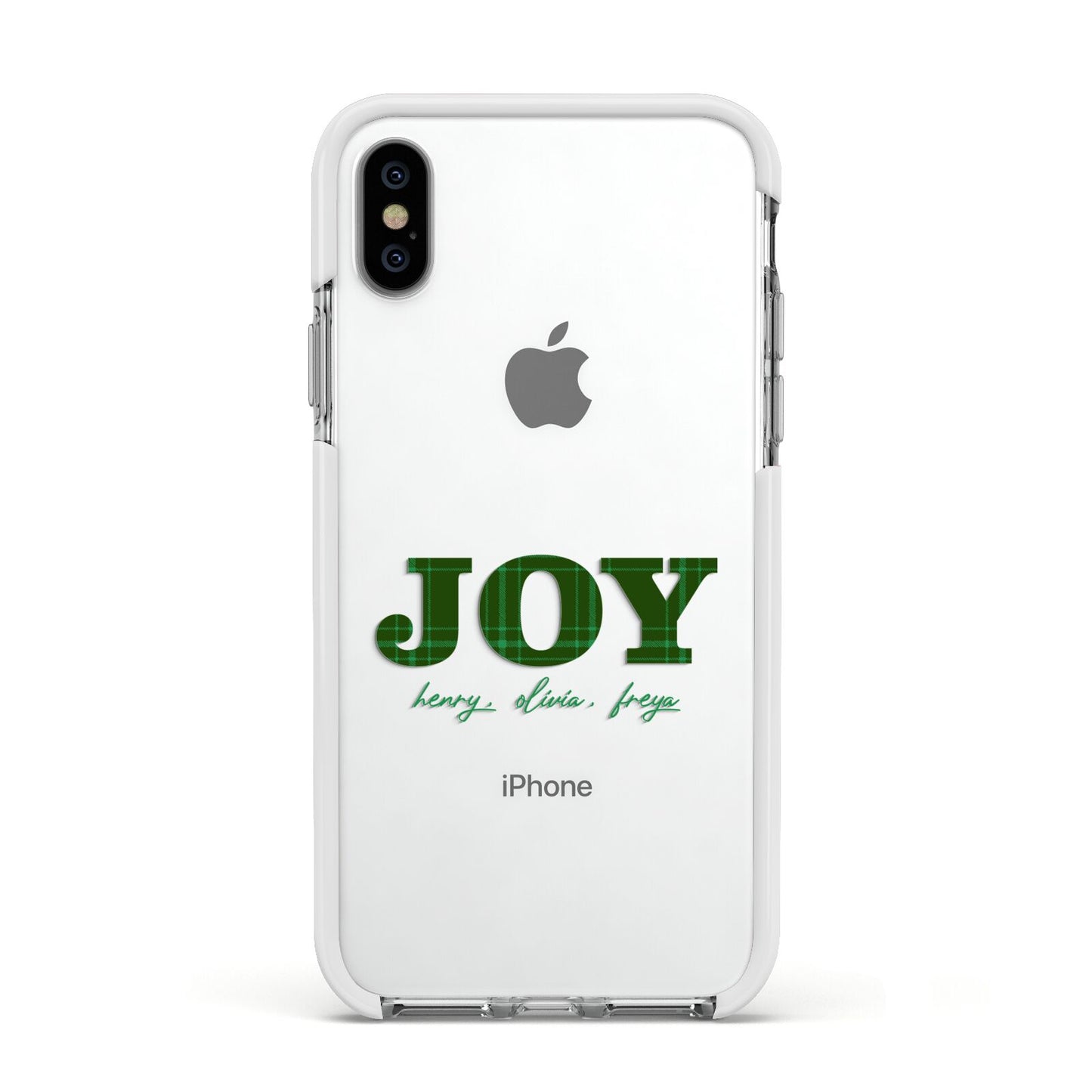 Personalised Joy Christmas Apple iPhone Xs Impact Case White Edge on Silver Phone