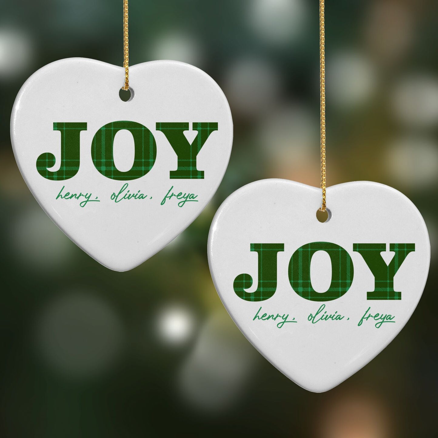Personalised Joy Christmas Heart Decoration on Christmas Background