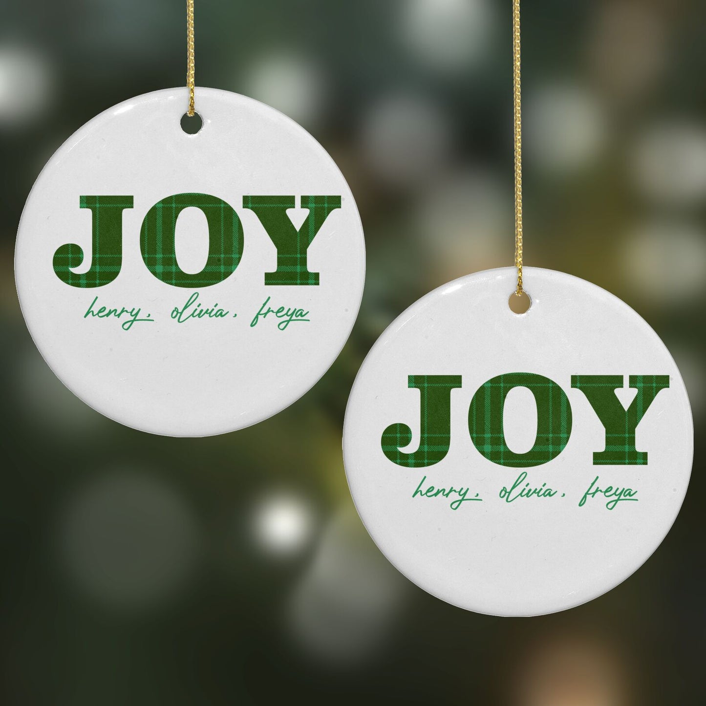 Personalised Joy Christmas Round Decoration on Christmas Background