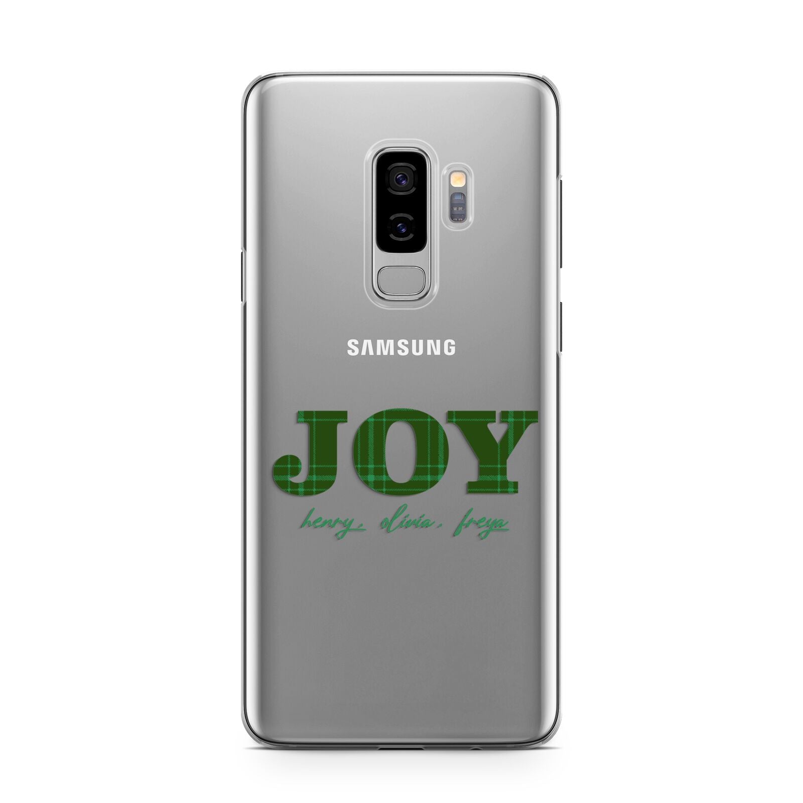 Personalised Joy Christmas Samsung Galaxy S9 Plus Case on Silver phone