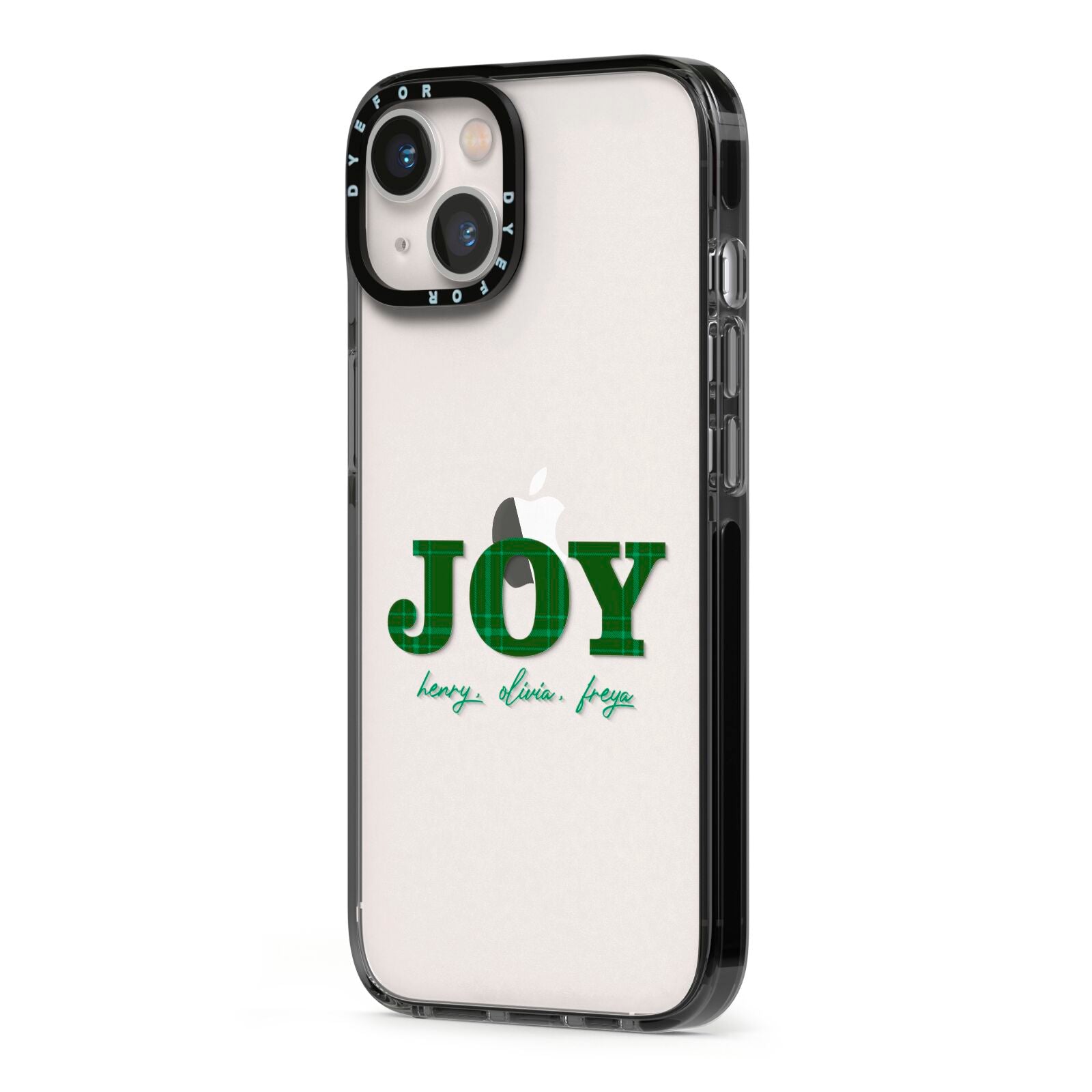 Personalised Joy Christmas iPhone 13 Black Impact Case Side Angle on Silver phone