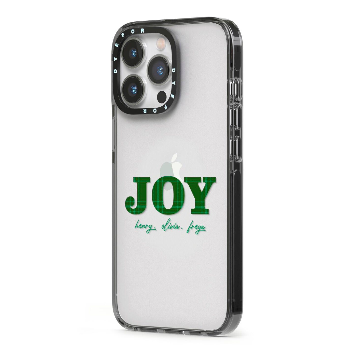 Personalised Joy Christmas iPhone 13 Pro Black Impact Case Side Angle on Silver phone