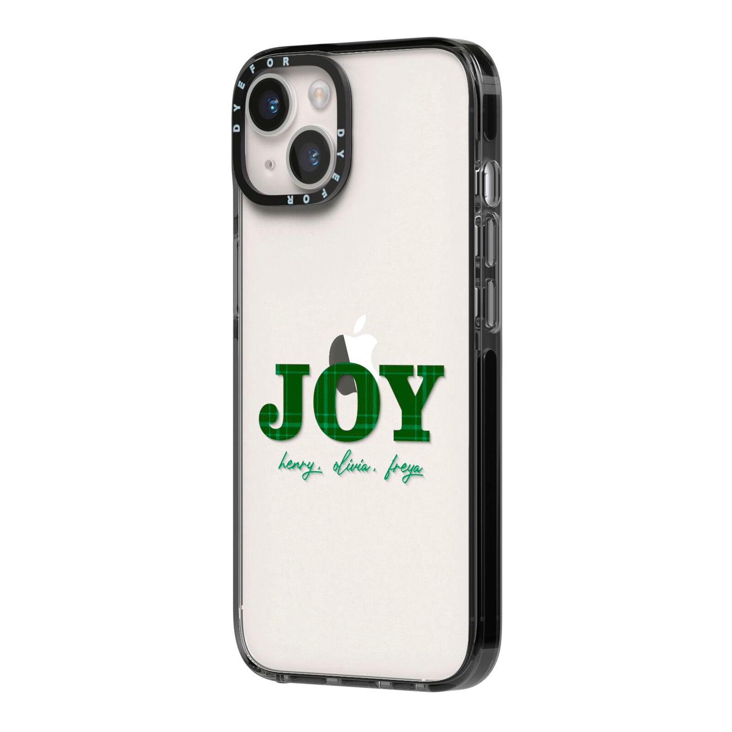 Personalised Joy Christmas iPhone 14 Black Impact Case Side Angle on Silver phone