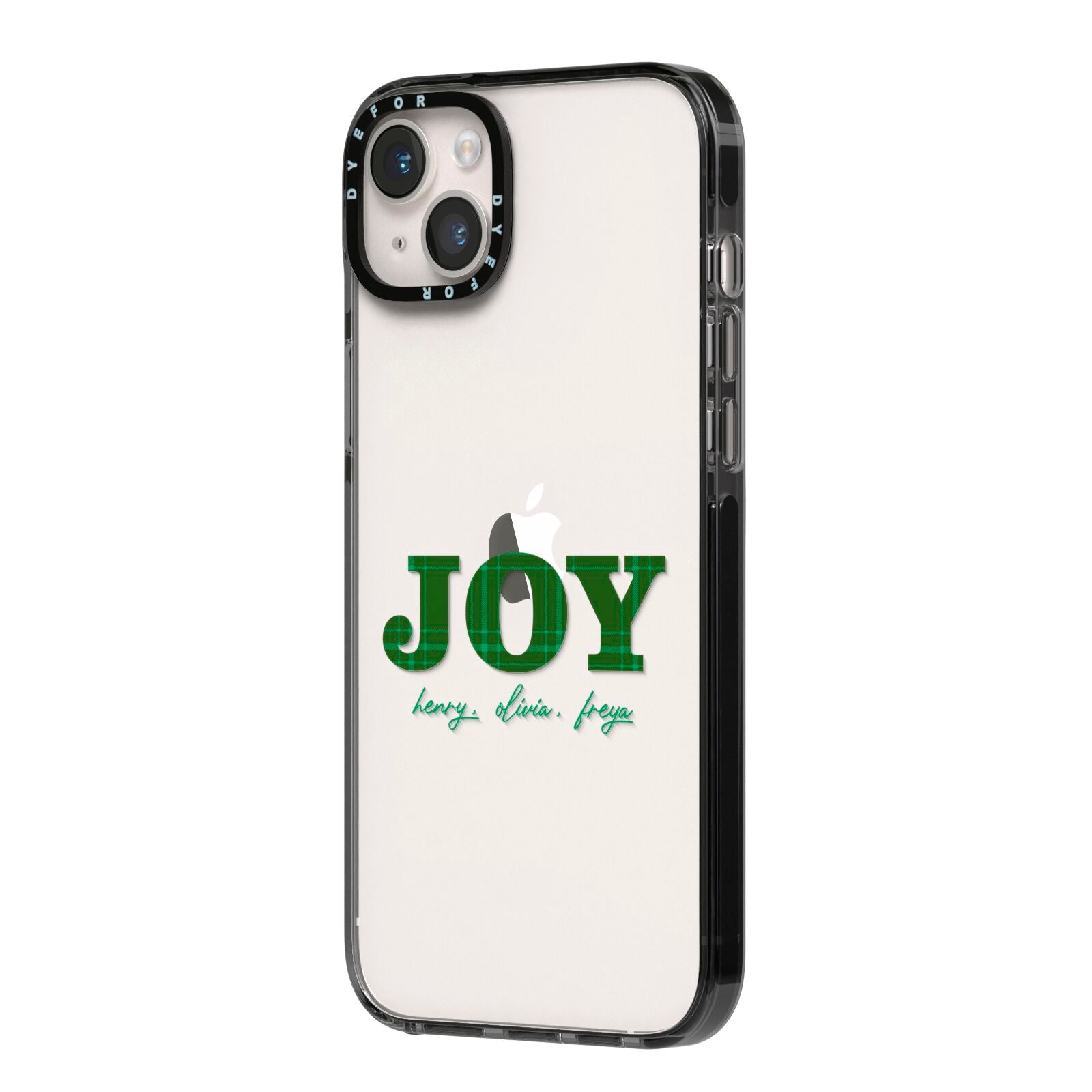 Personalised Joy Christmas iPhone 14 Plus Black Impact Case Side Angle on Silver phone