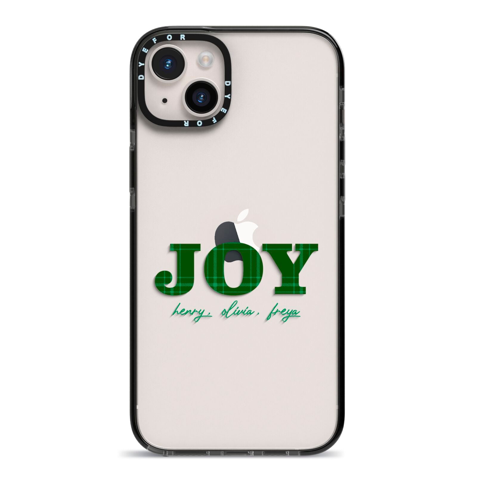 Personalised Joy Christmas iPhone 14 Plus Black Impact Case on Silver phone