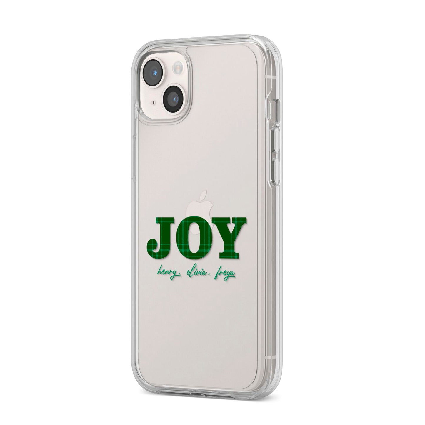 Personalised Joy Christmas iPhone 14 Plus Clear Tough Case Starlight Angled Image