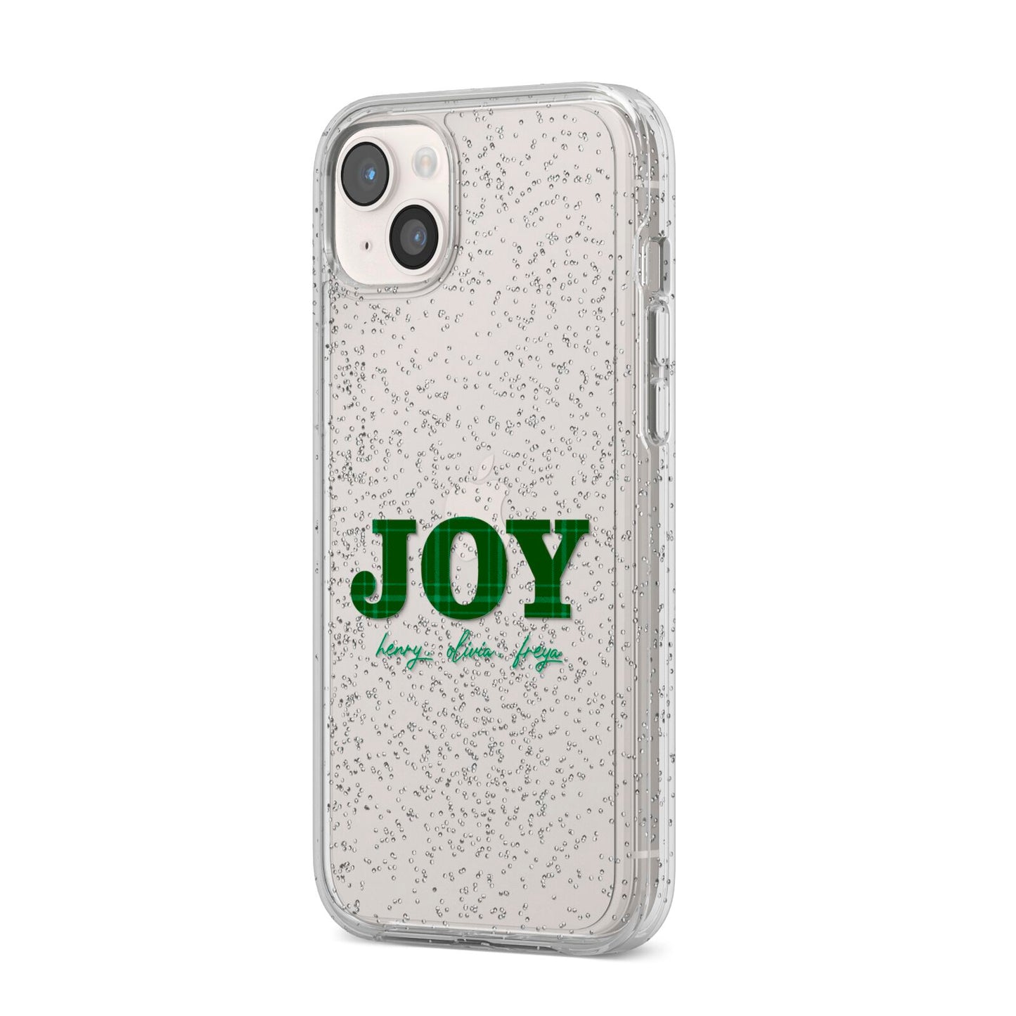 Personalised Joy Christmas iPhone 14 Plus Glitter Tough Case Starlight Angled Image