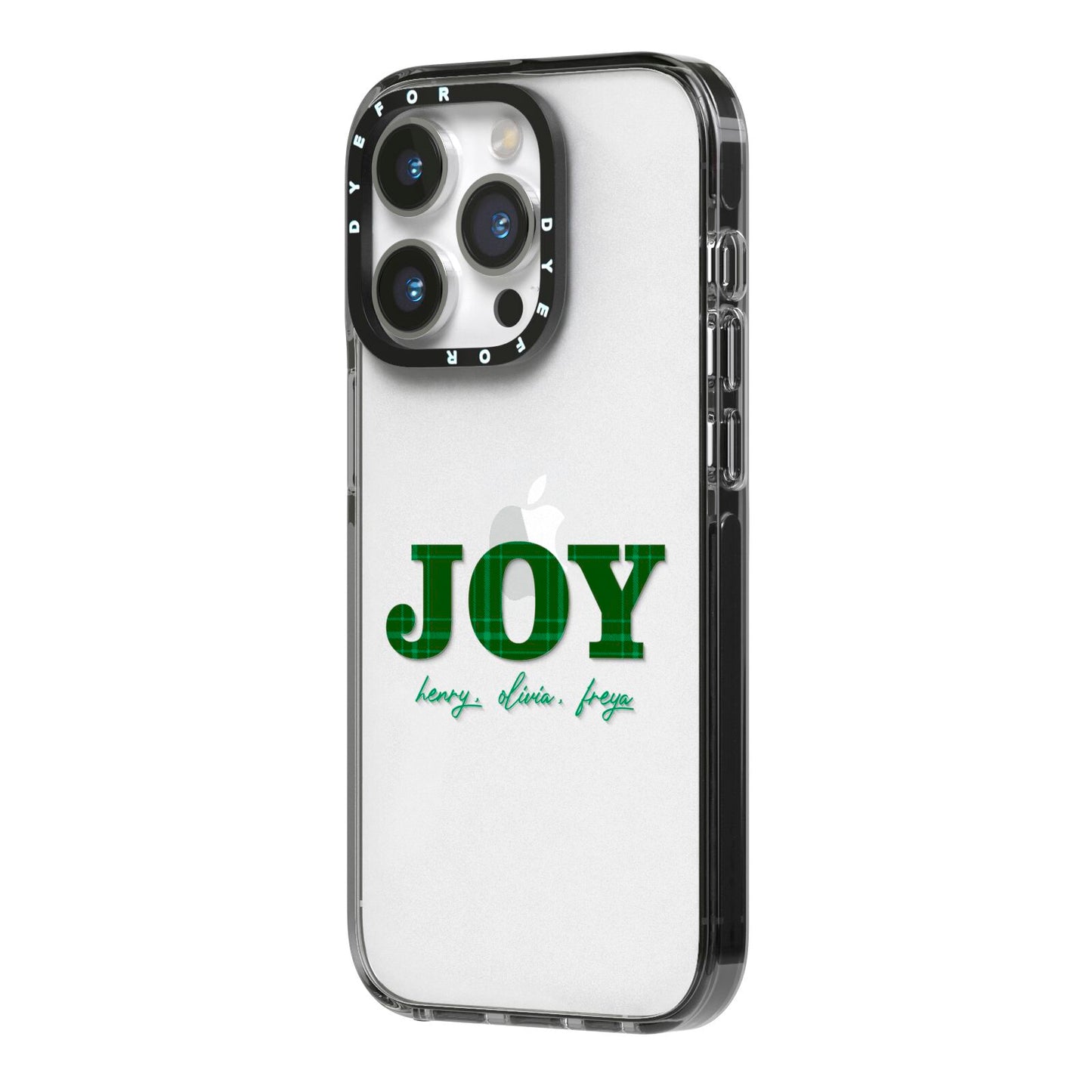 Personalised Joy Christmas iPhone 14 Pro Black Impact Case Side Angle on Silver phone