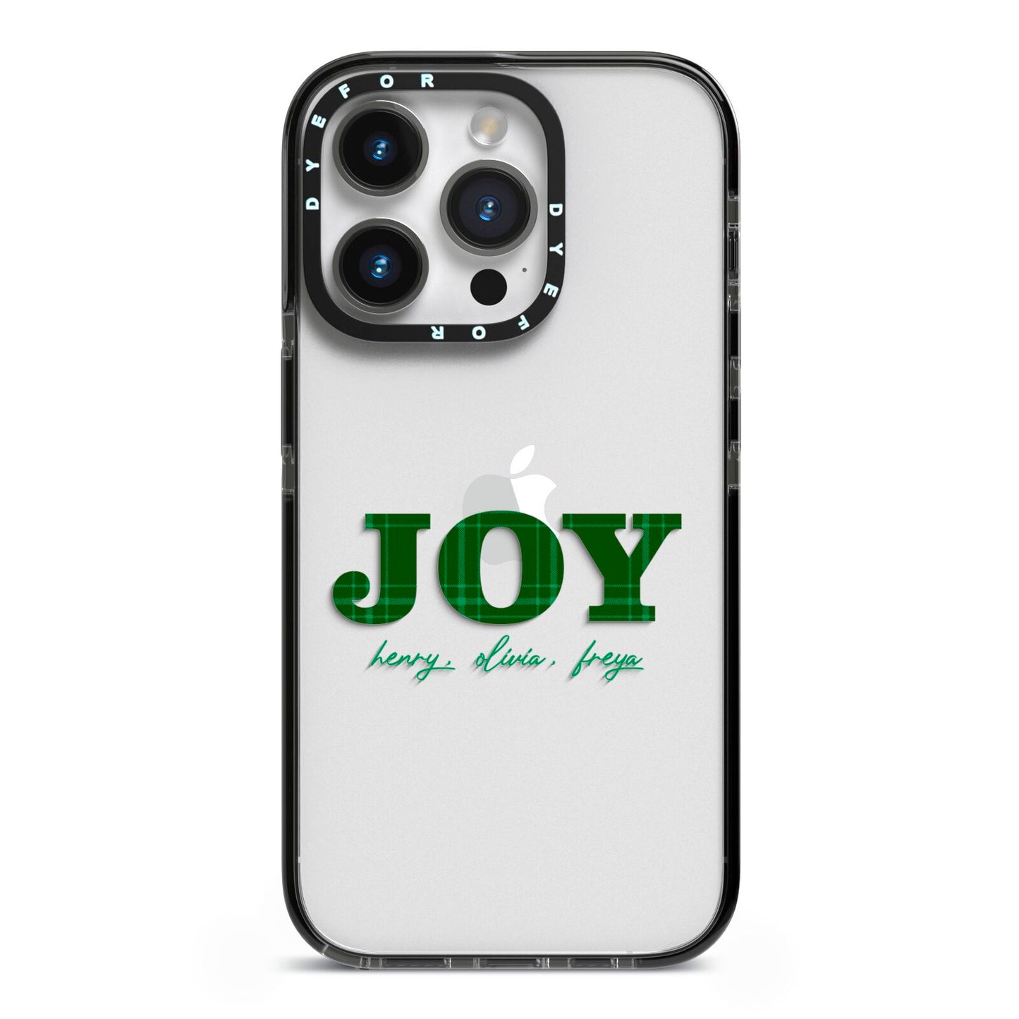 Personalised Joy Christmas iPhone 14 Pro Black Impact Case on Silver phone