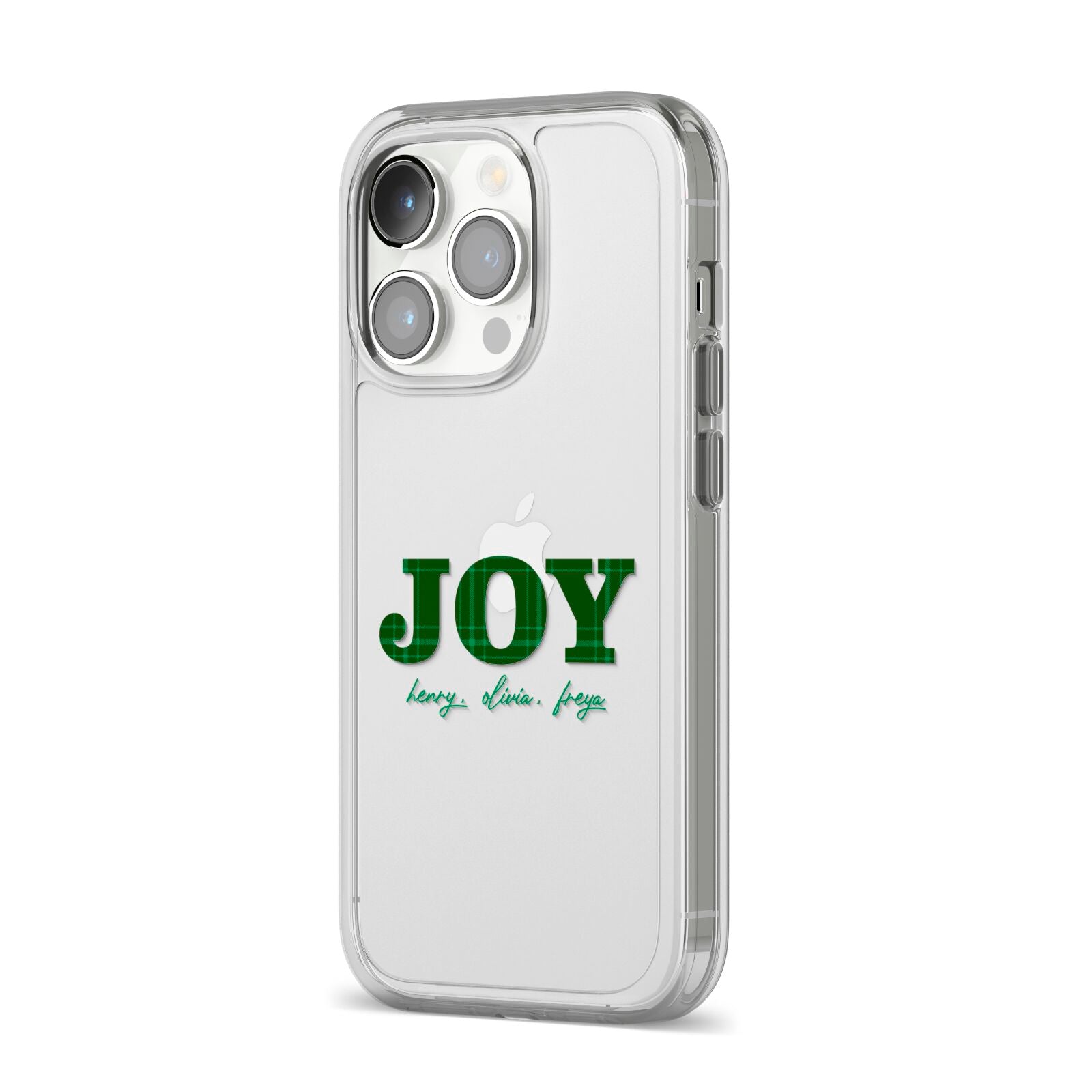 Personalised Joy Christmas iPhone 14 Pro Clear Tough Case Silver Angled Image