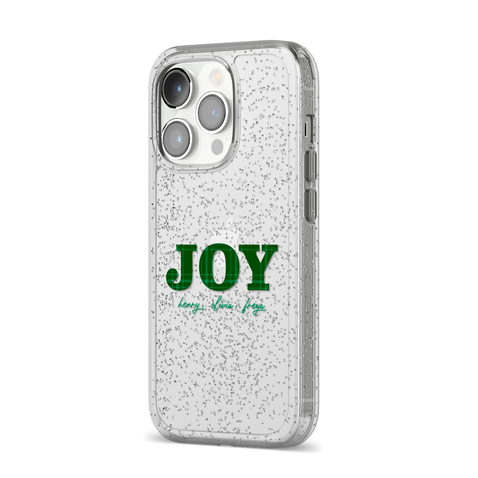 Personalised Joy Christmas iPhone 14 Pro Glitter Tough Case Silver Angled Image