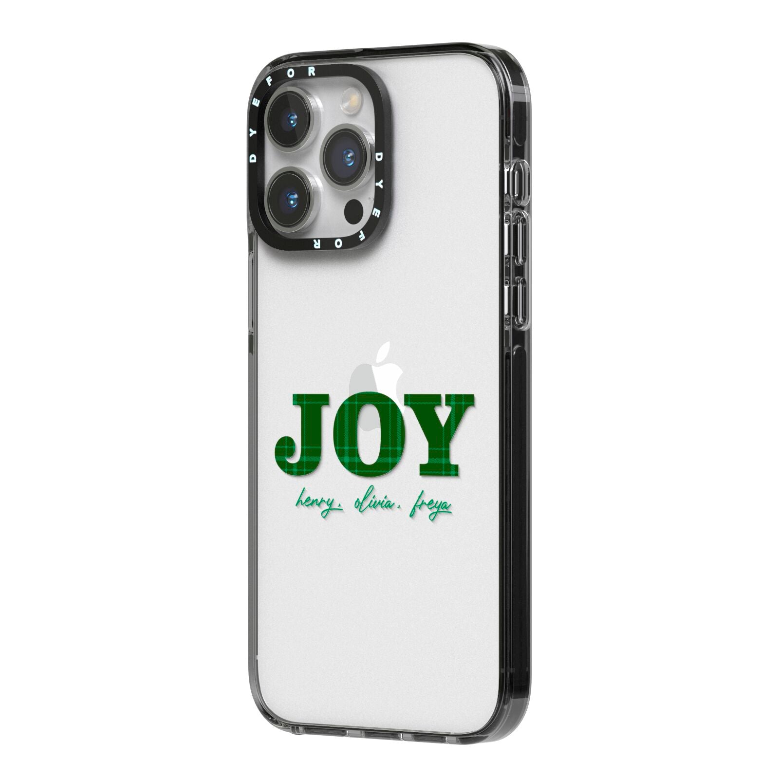 Personalised Joy Christmas iPhone 14 Pro Max Black Impact Case Side Angle on Silver phone