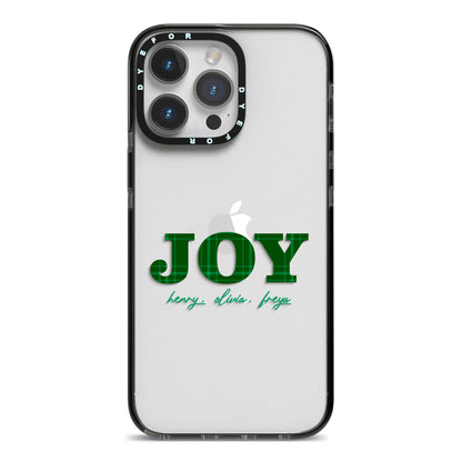 Personalised Joy Christmas iPhone 14 Pro Max Black Impact Case on Silver phone