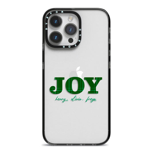 Personalised Joy Christmas iPhone 14 Pro Max Black Impact Case on Silver phone