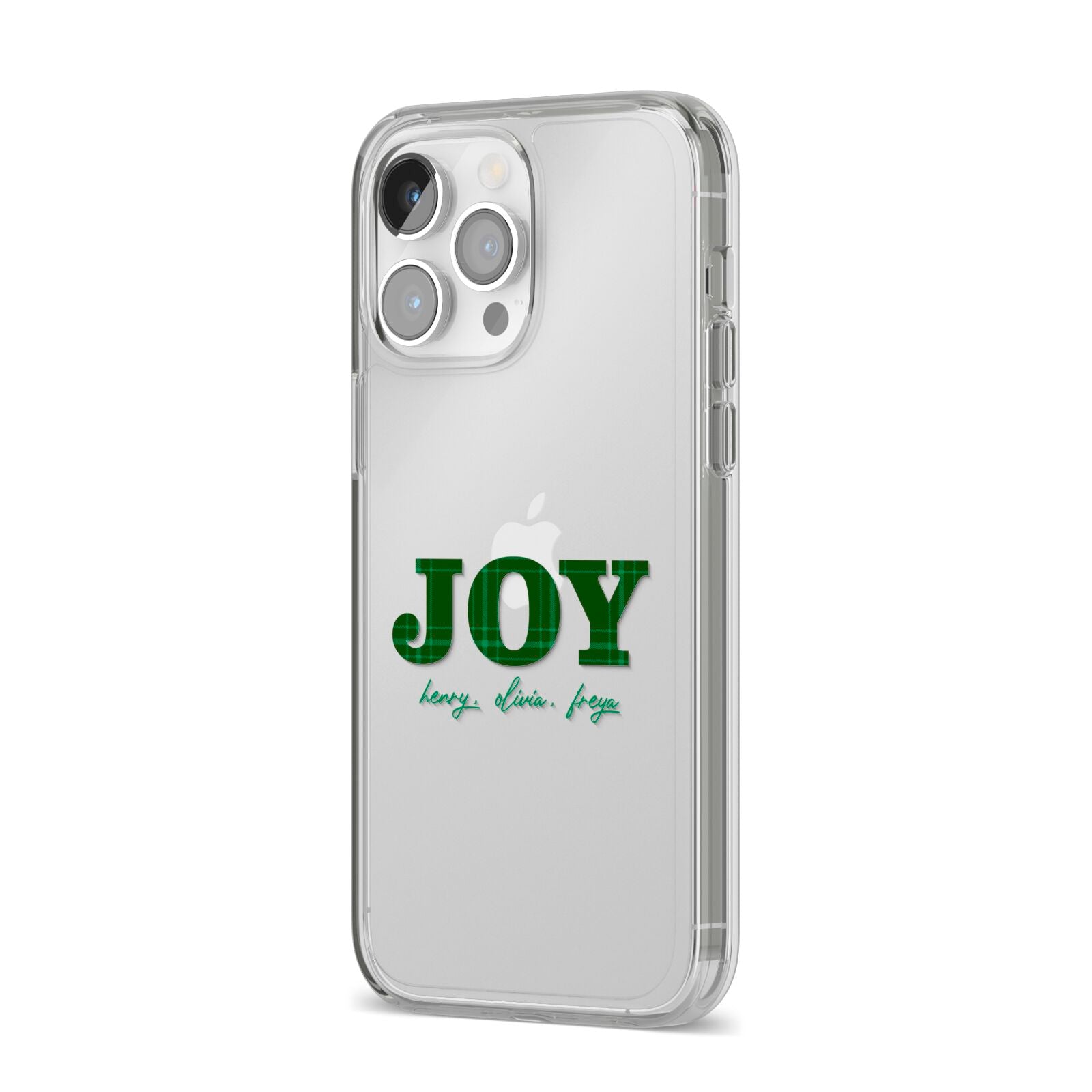 Personalised Joy Christmas iPhone 14 Pro Max Clear Tough Case Silver Angled Image