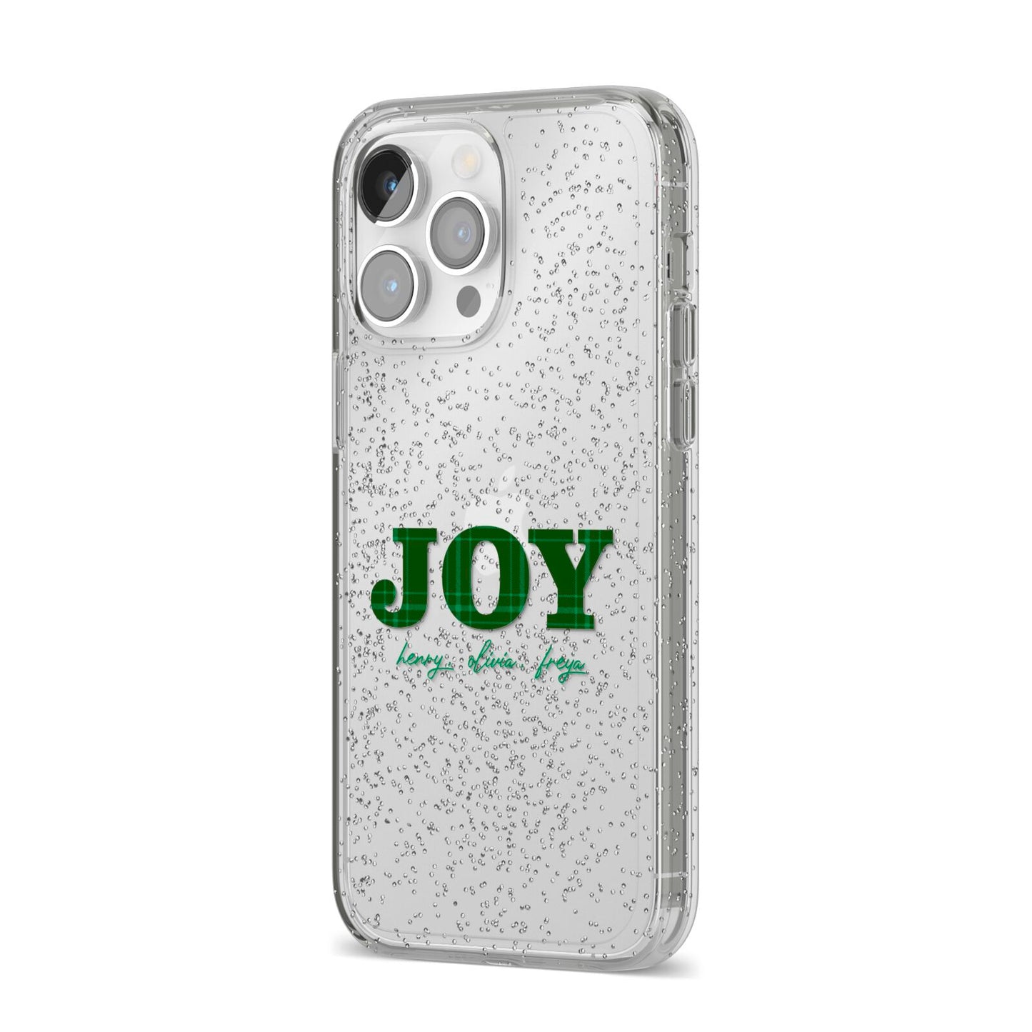 Personalised Joy Christmas iPhone 14 Pro Max Glitter Tough Case Silver Angled Image