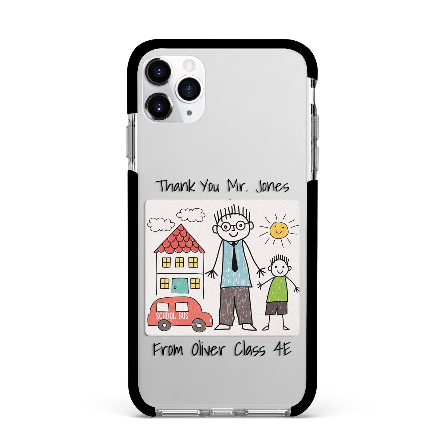 Personalised Kids Drawing Thank You Teacher Apple iPhone 11 Pro Max in Silver with Black Impact Case