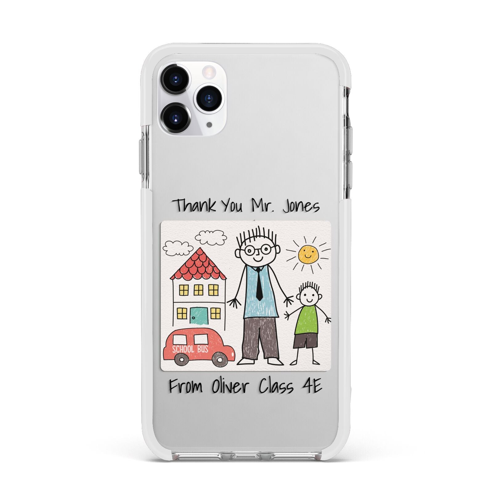 Personalised Kids Drawing Thank You Teacher Apple iPhone 11 Pro Max in Silver with White Impact Case