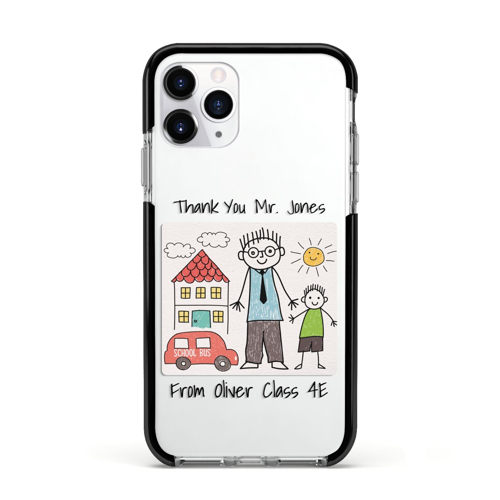 Personalised Kids Drawing Thank You Teacher Apple iPhone 11 Pro in Silver with Black Impact Case