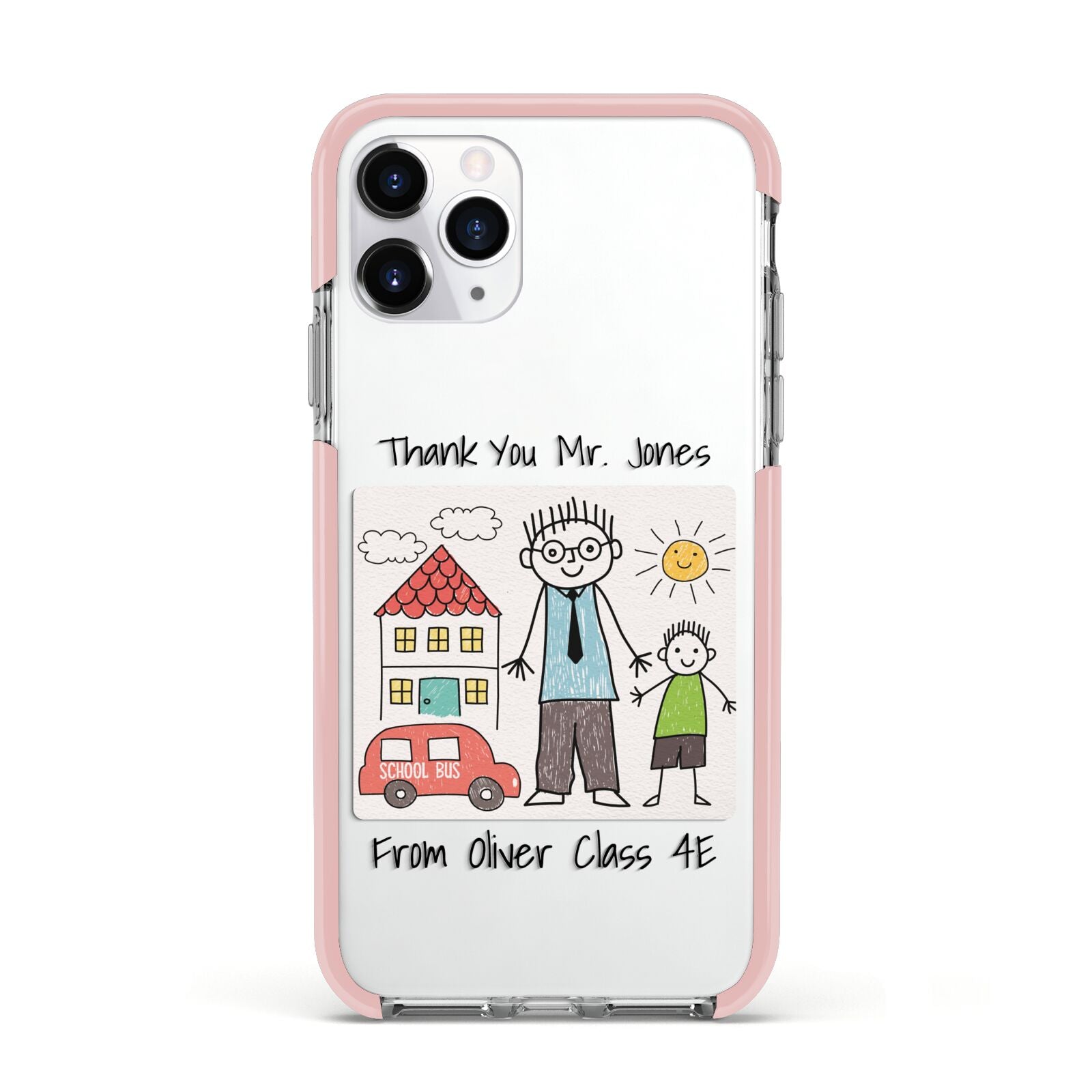 Personalised Kids Drawing Thank You Teacher Apple iPhone 11 Pro in Silver with Pink Impact Case