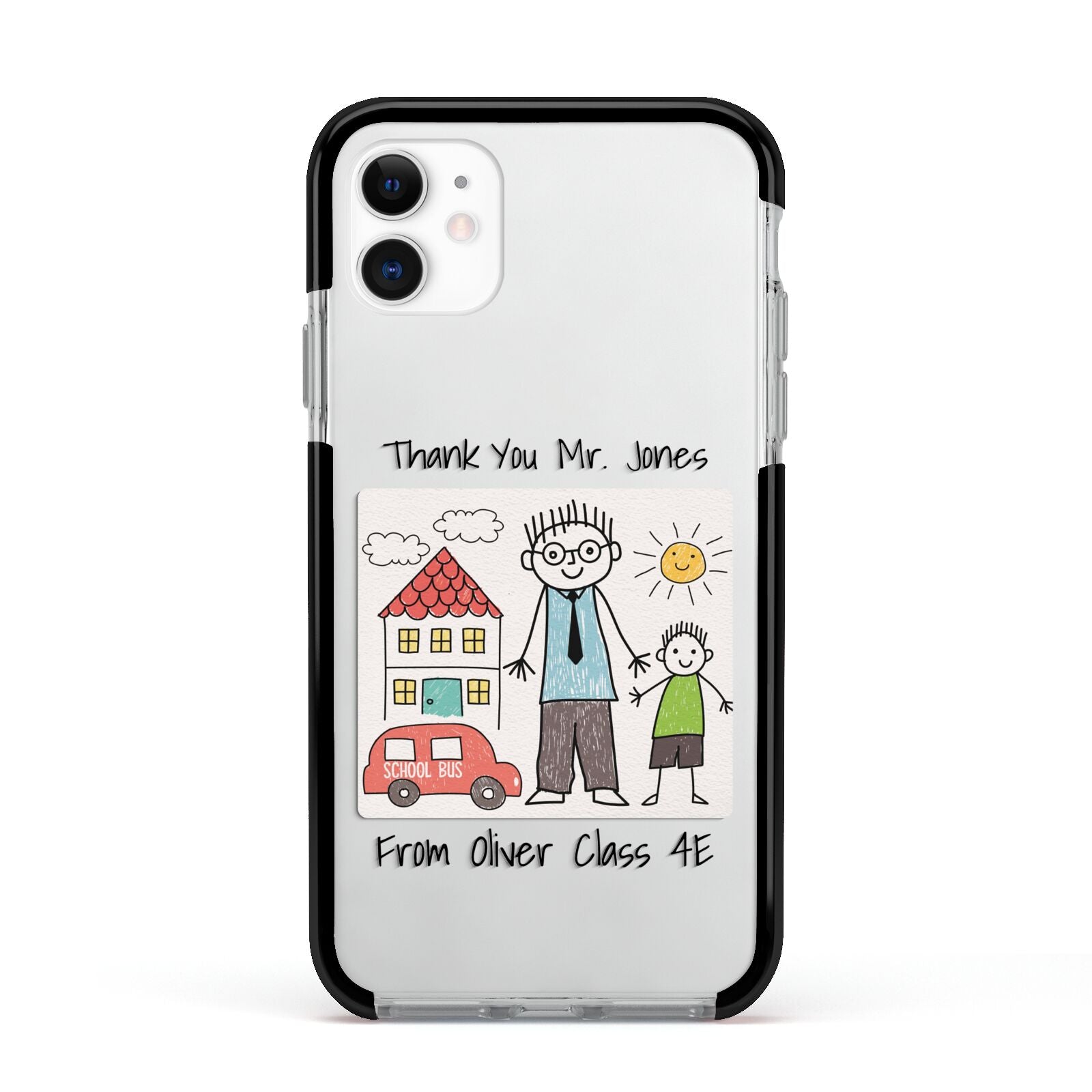 Personalised Kids Drawing Thank You Teacher Apple iPhone 11 in White with Black Impact Case