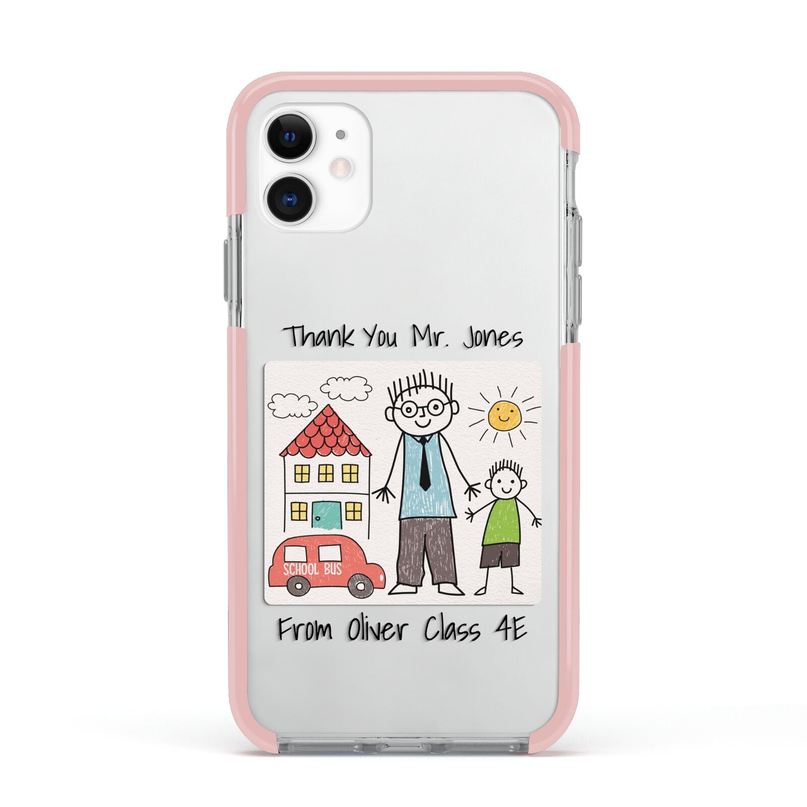 Personalised Kids Drawing Thank You Teacher Apple iPhone 11 in White with Pink Impact Case