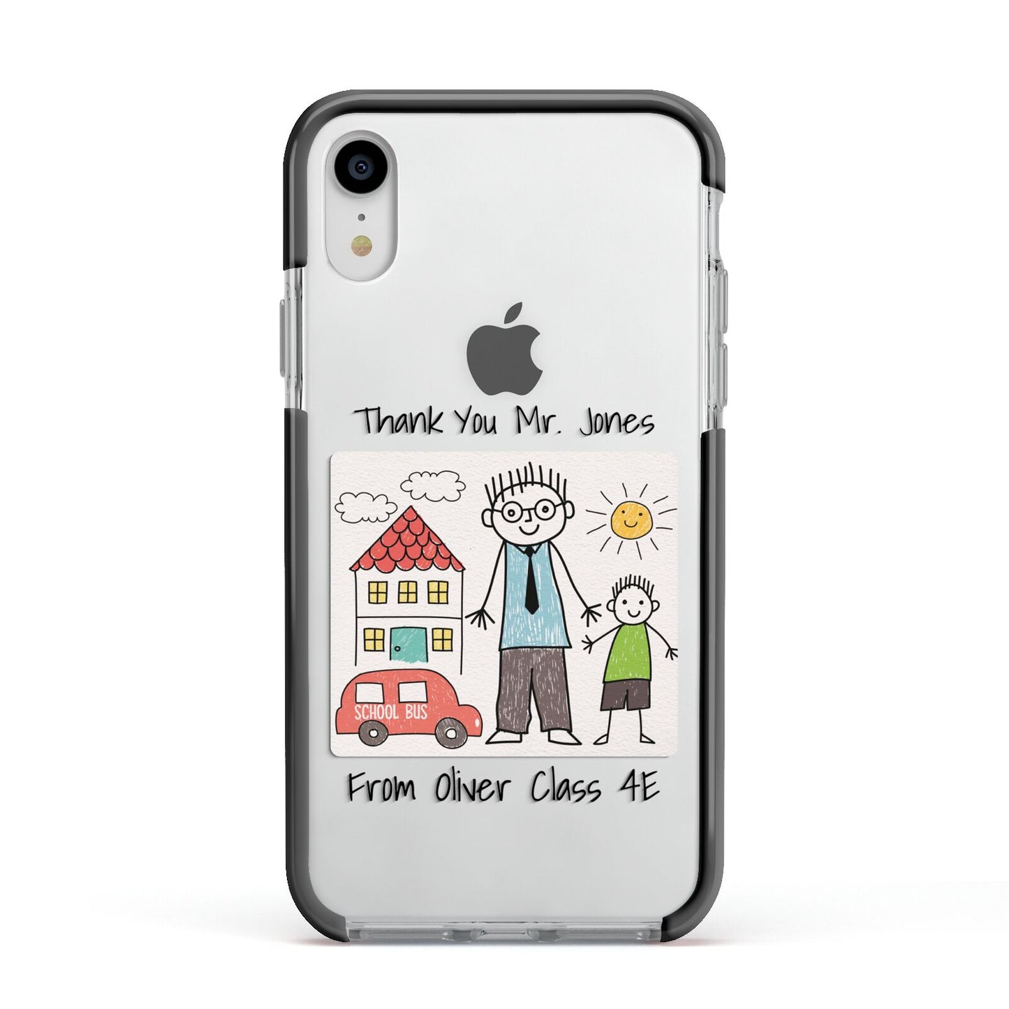 Personalised Kids Drawing Thank You Teacher Apple iPhone XR Impact Case Black Edge on Silver Phone