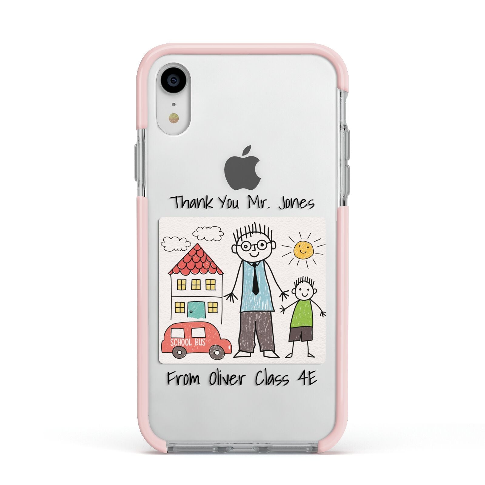 Personalised Kids Drawing Thank You Teacher Apple iPhone XR Impact Case Pink Edge on Silver Phone