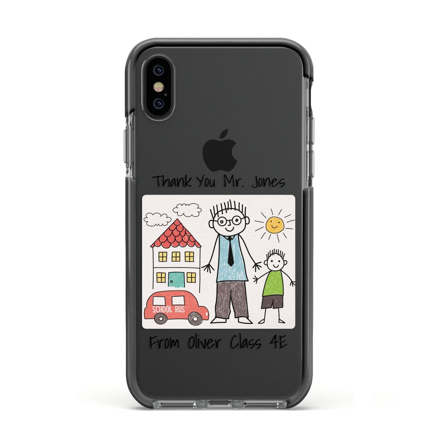 Personalised Kids Drawing Thank You Teacher Apple iPhone Xs Impact Case Black Edge on Black Phone