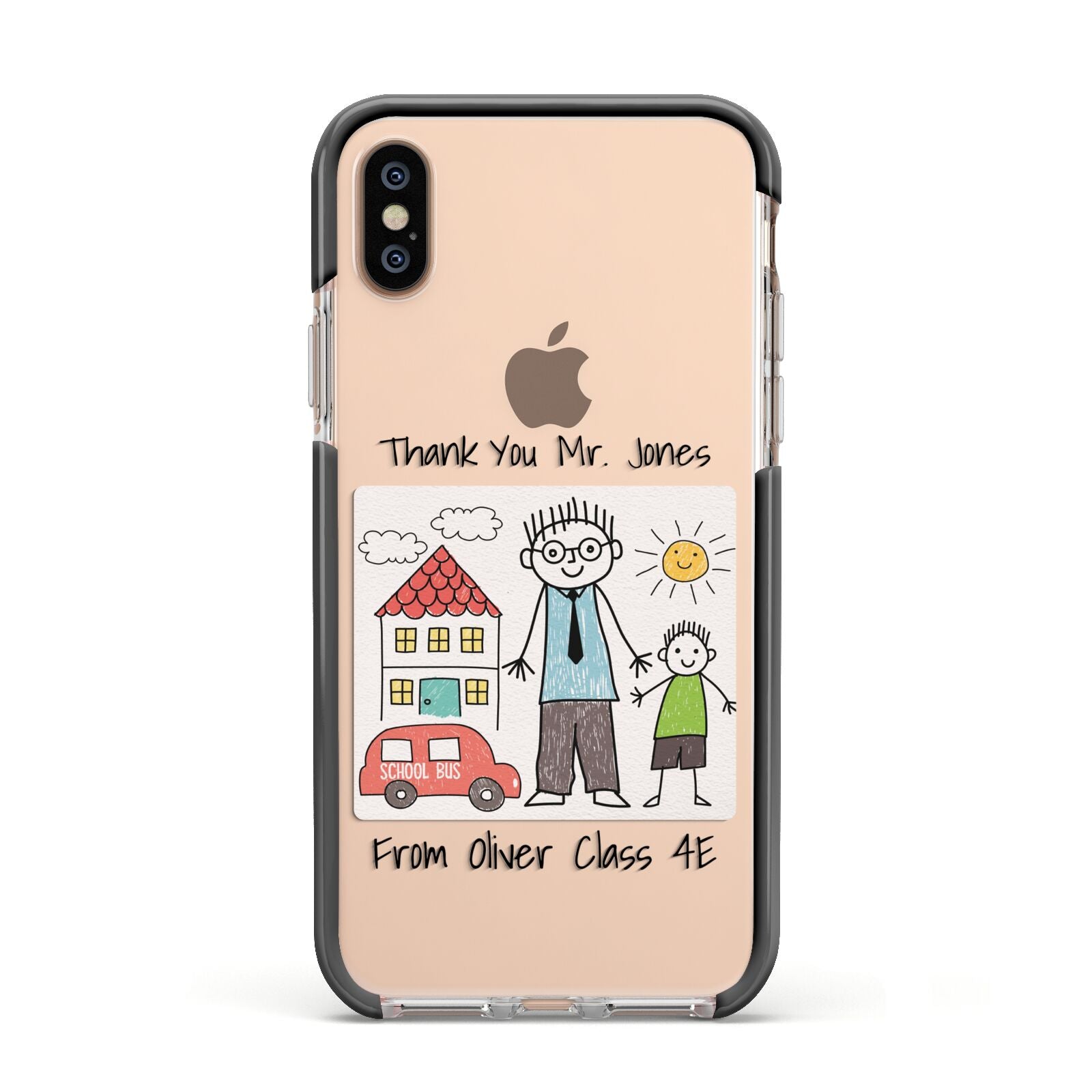 Personalised Kids Drawing Thank You Teacher Apple iPhone Xs Impact Case Black Edge on Gold Phone