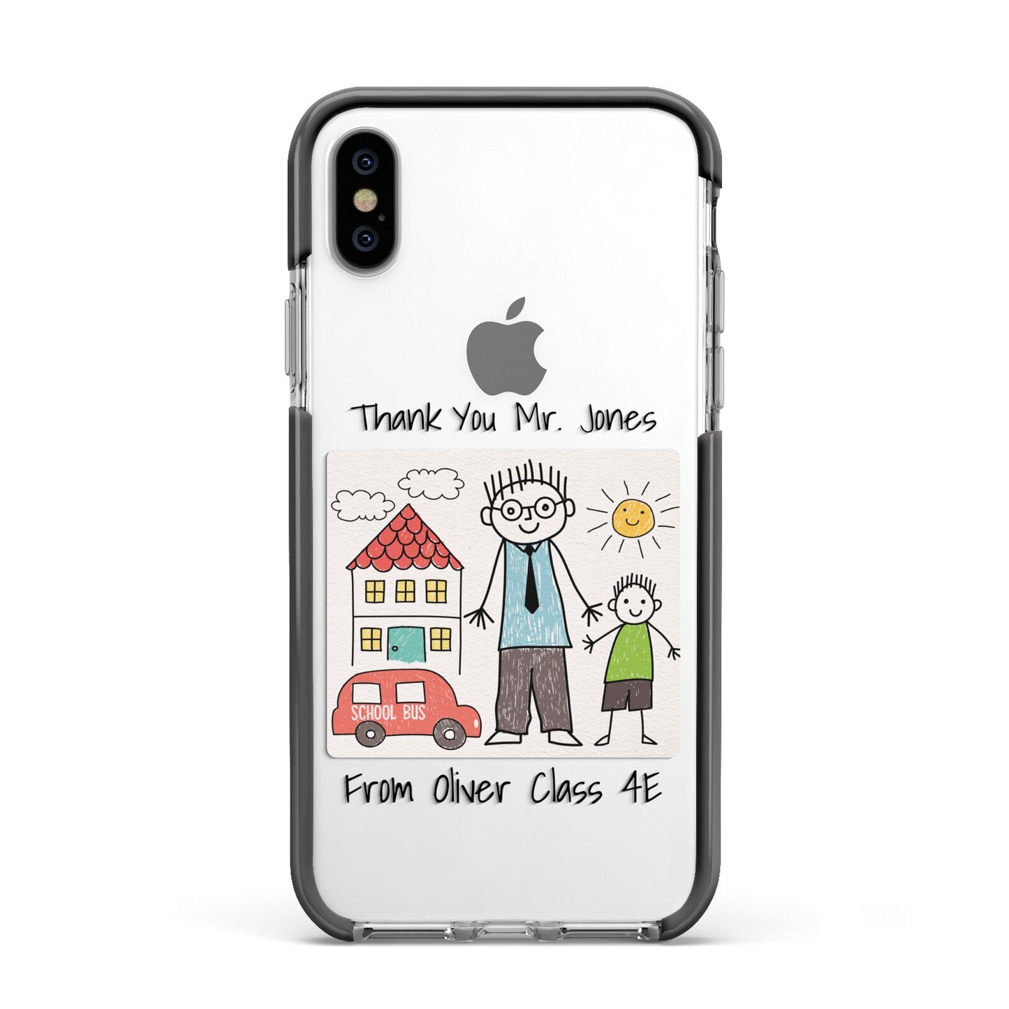 Personalised Kids Drawing Thank You Teacher Apple iPhone Xs Impact Case Black Edge on Silver Phone