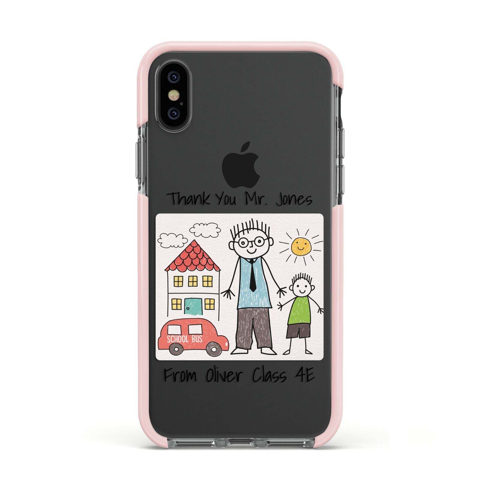 Personalised Kids Drawing Thank You Teacher Apple iPhone Xs Impact Case Pink Edge on Black Phone