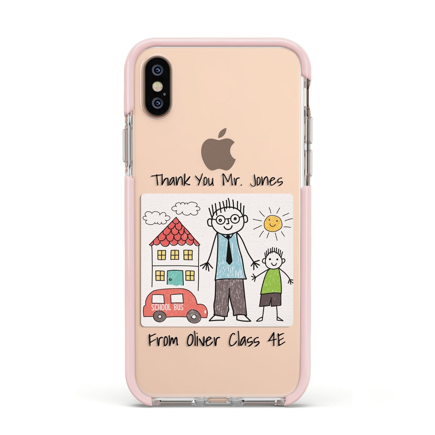 Personalised Kids Drawing Thank You Teacher Apple iPhone Xs Impact Case Pink Edge on Gold Phone