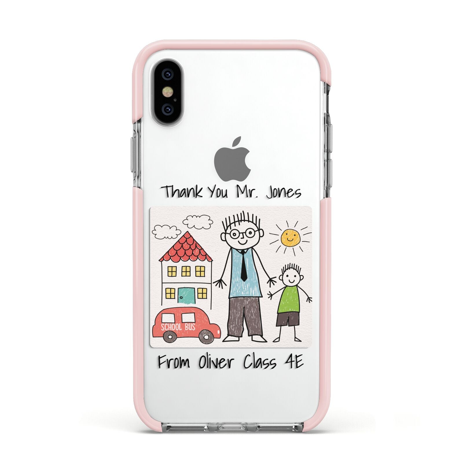 Personalised Kids Drawing Thank You Teacher Apple iPhone Xs Impact Case Pink Edge on Silver Phone