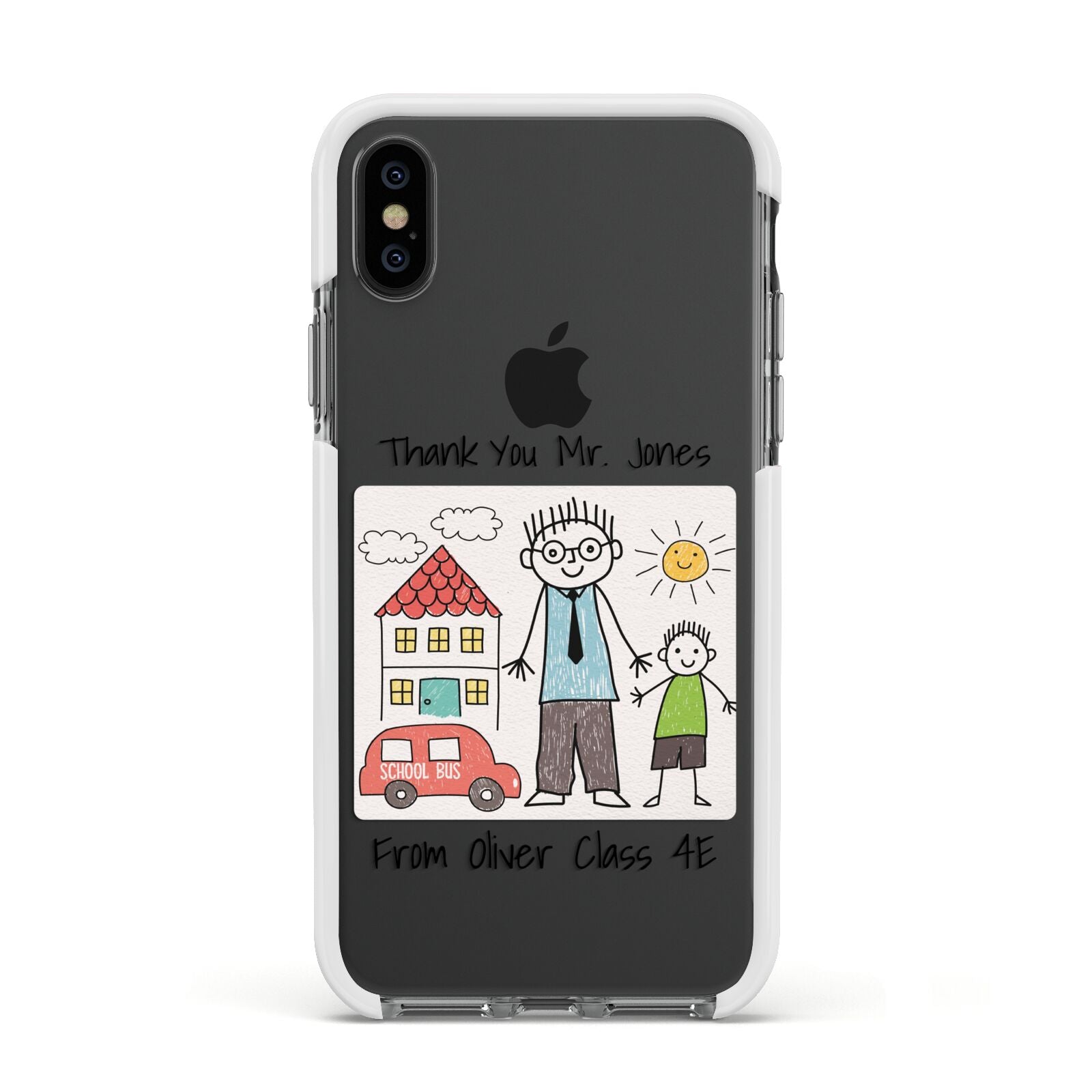 Personalised Kids Drawing Thank You Teacher Apple iPhone Xs Impact Case White Edge on Black Phone