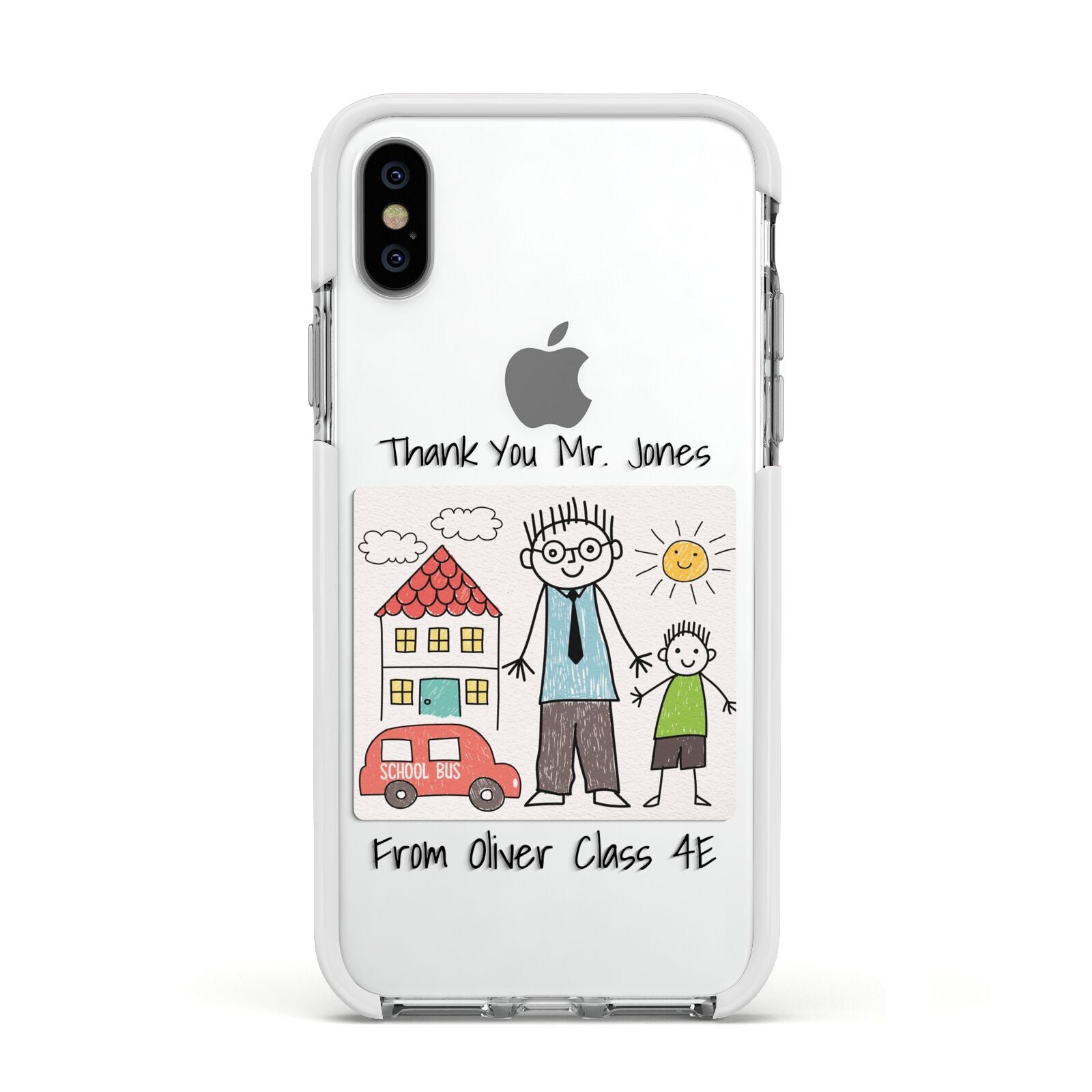 Personalised Kids Drawing Thank You Teacher Apple iPhone Xs Impact Case White Edge on Silver Phone