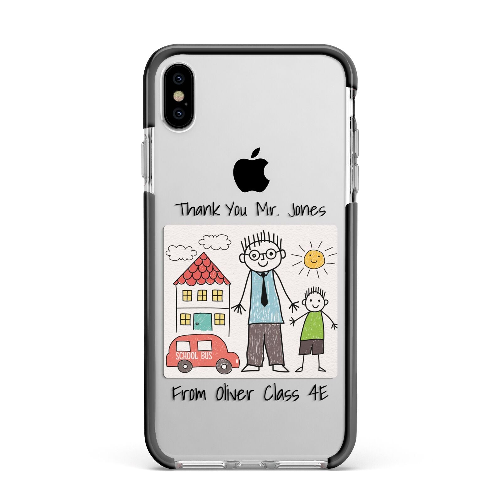 Personalised Kids Drawing Thank You Teacher Apple iPhone Xs Max Impact Case Black Edge on Silver Phone